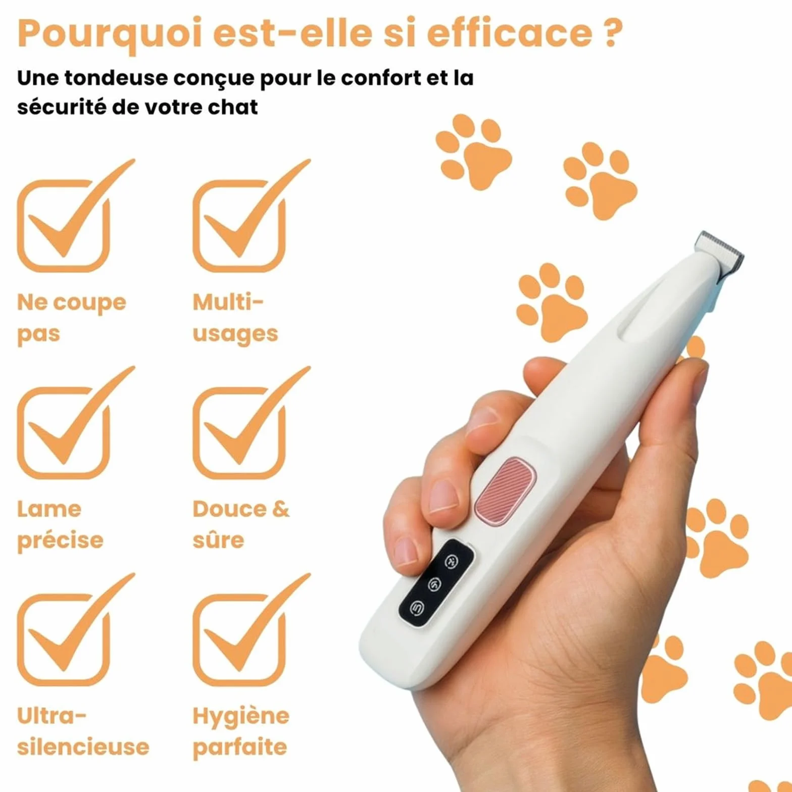 Tondeuse de Précision pour Chat et Chien Silencieuse avec Lames Céramique et Inox, Étanche, USB-C