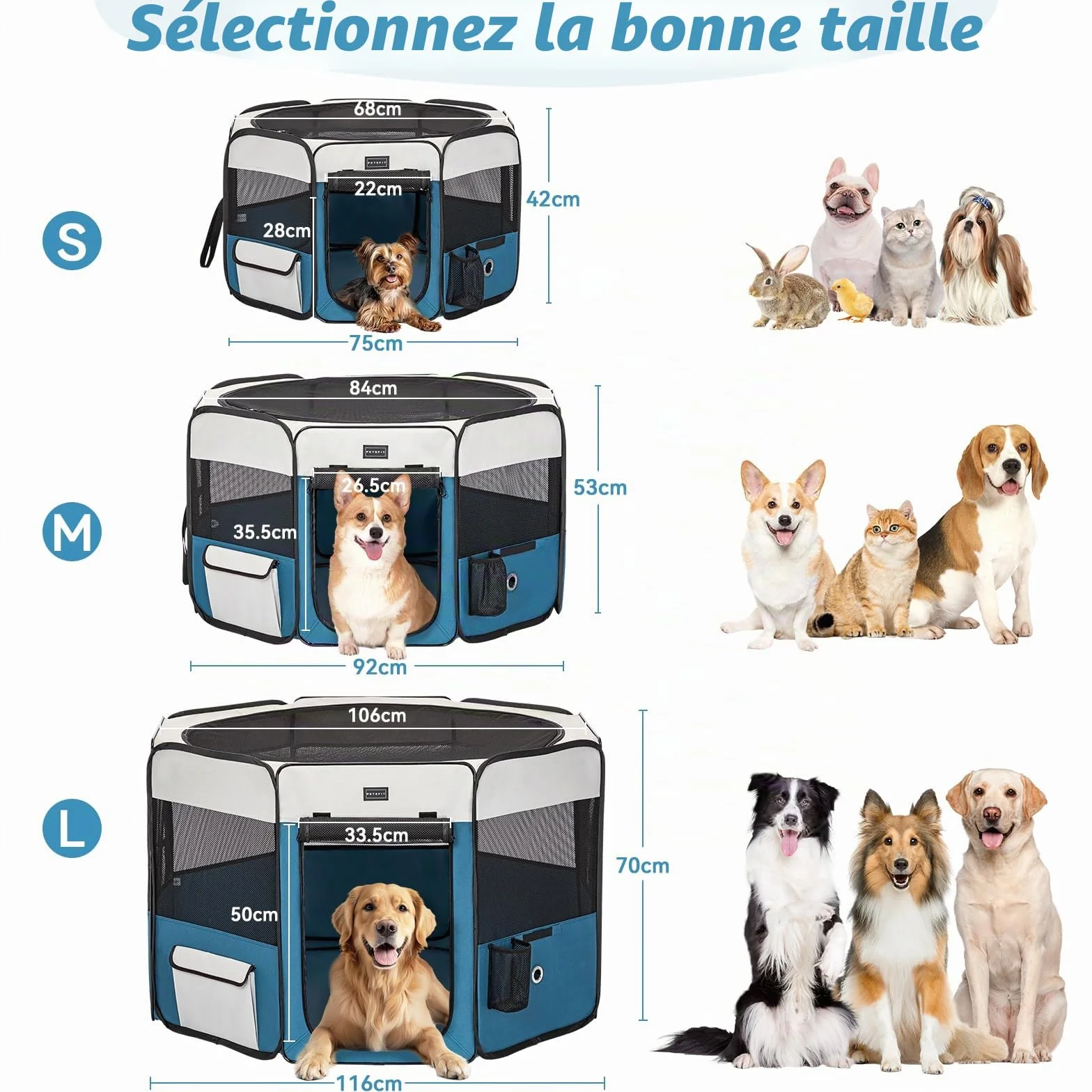 PETSFIT Enclos Pliable pour Petits Animaux 116x106x70 cm Fond étanche Pop-up Anti-Mastication Gris/Bleu