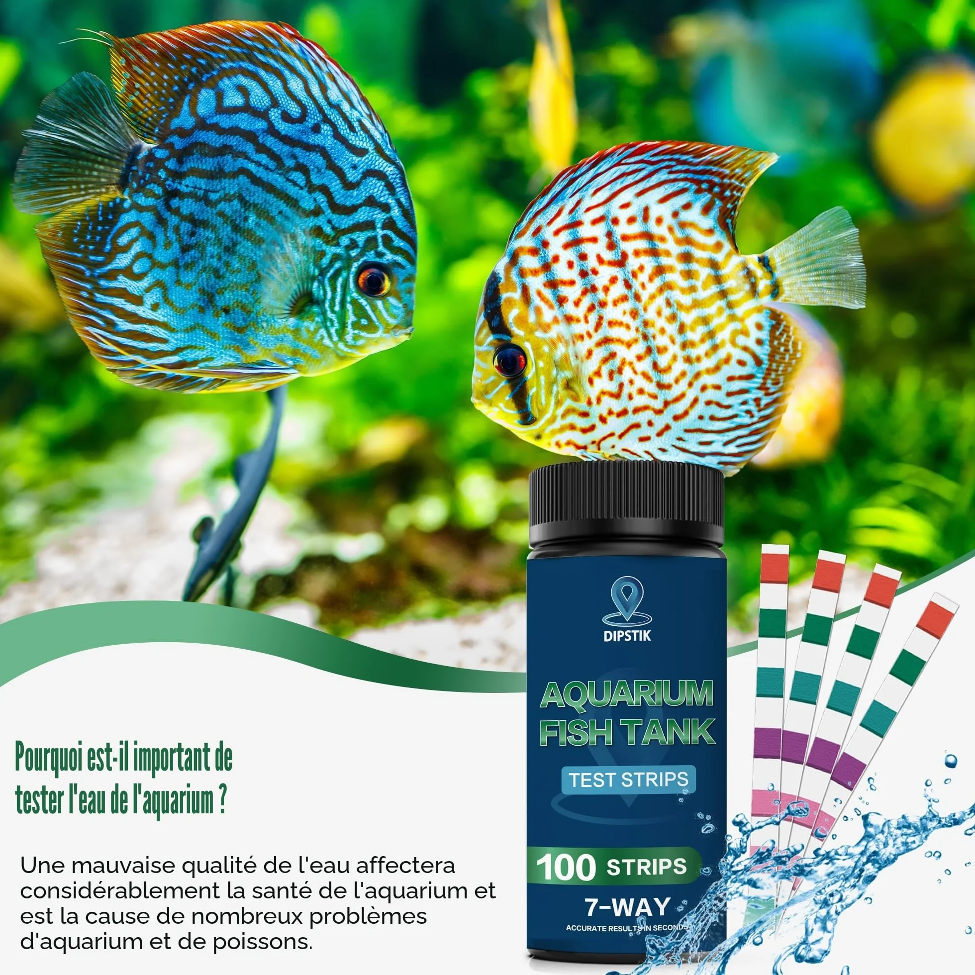 Bandelette de Test Eau 7 en1 pour Aquarium - Alcalinité Totale, Dureté Totale, Dureté Carbonatée, PH, Nitrite, Nitrate, Chlore (100 Bandelettes)