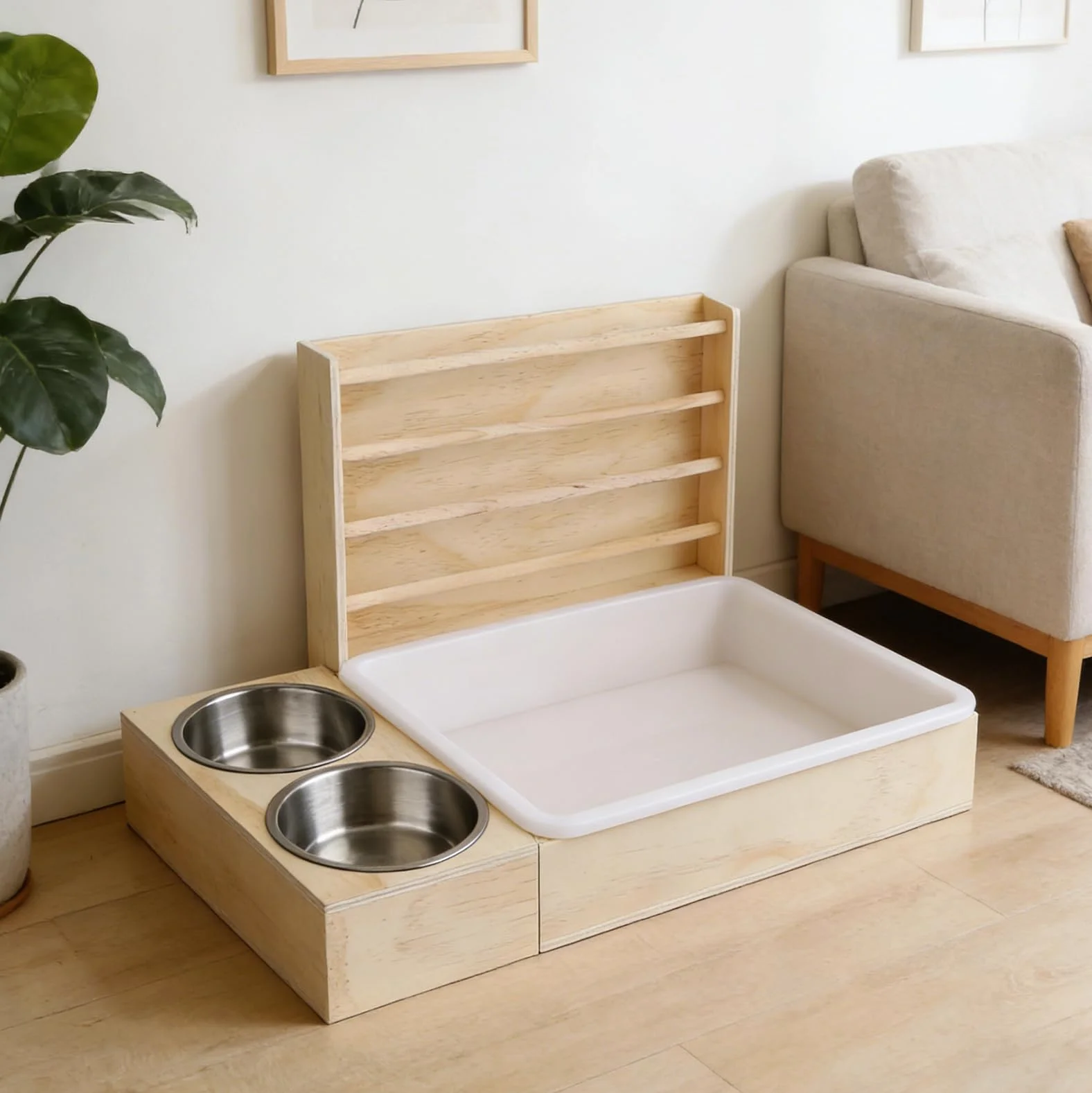 Mangeoire à foin 3 en 1 pour lapin - Station d'alimentation en bois avec bac à litière et bols - Distributeur pour cochon d'Inde, hamster, chinchilla