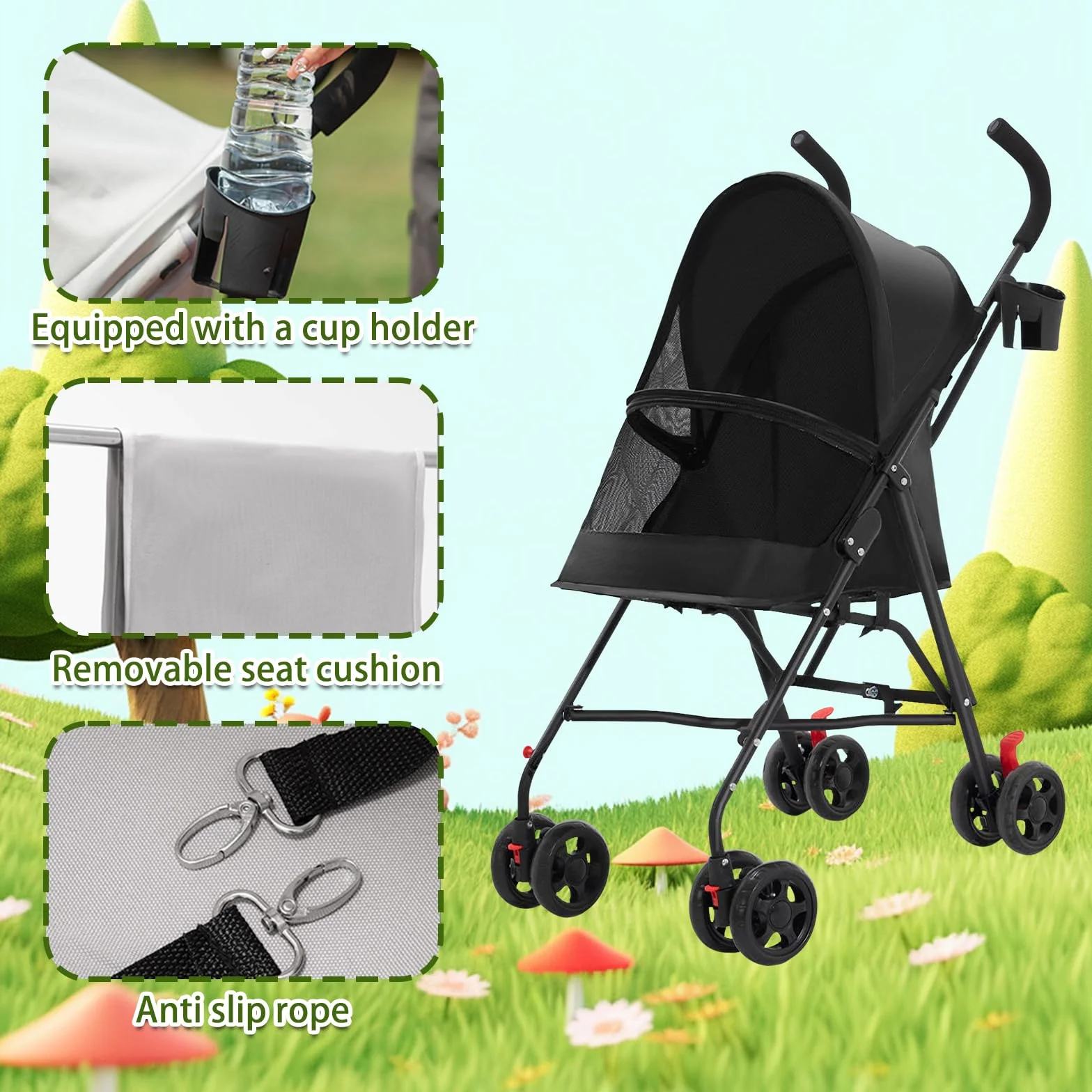 OHMG Poussette pliante pour chiens et chats 4 roues jusqu'à 15 kg