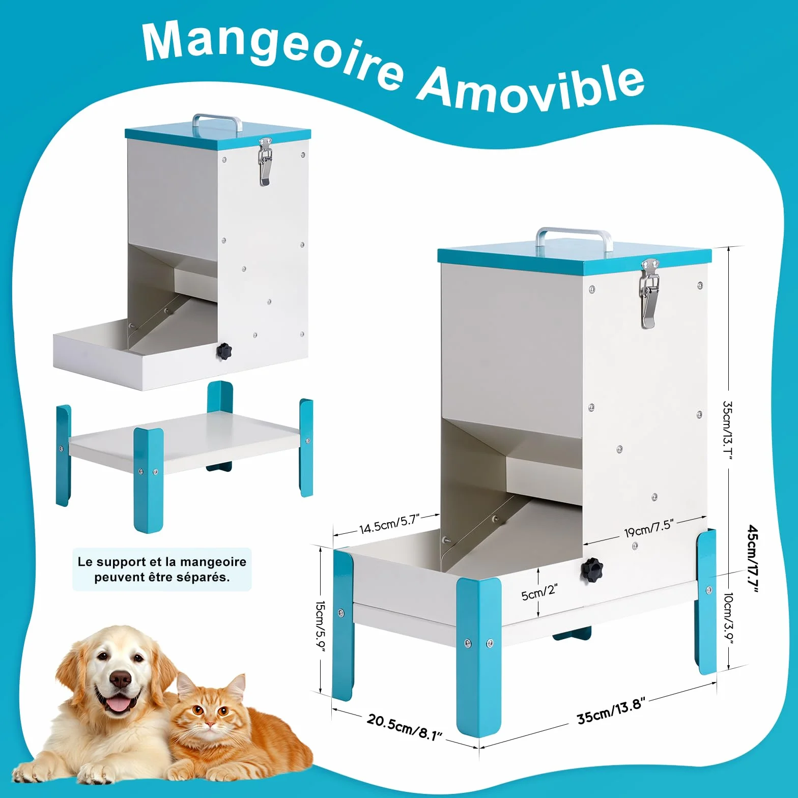 Distributeur Croquettes Chat Automatique 10L Gamelle Surélevée pour Chien Mangeoire Secs Métal Amovible
