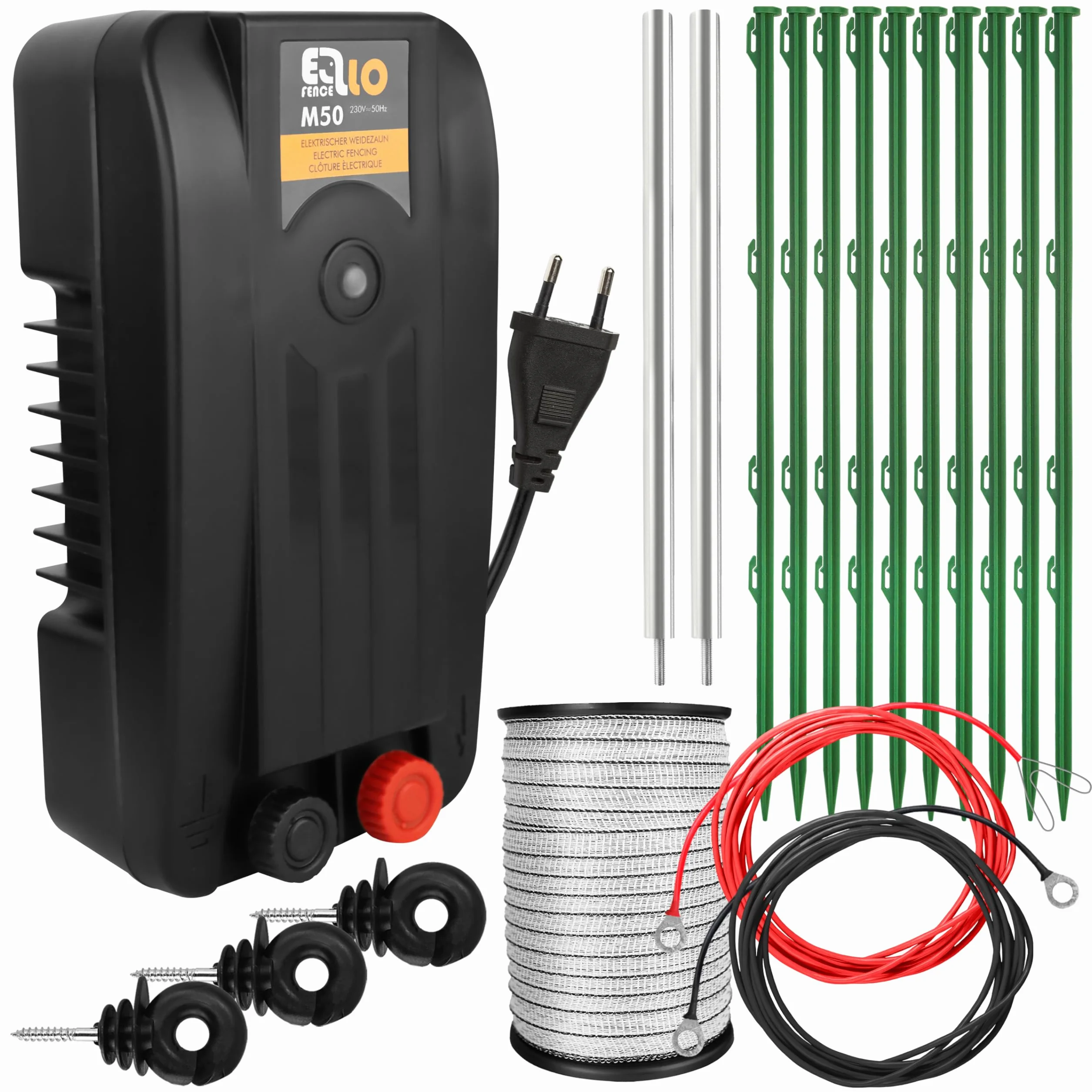 Kit de démarrage clôture électrique M – Électrificateur puissant avec ruban 200 m, 10 piquets, isolateurs & mise à la terre