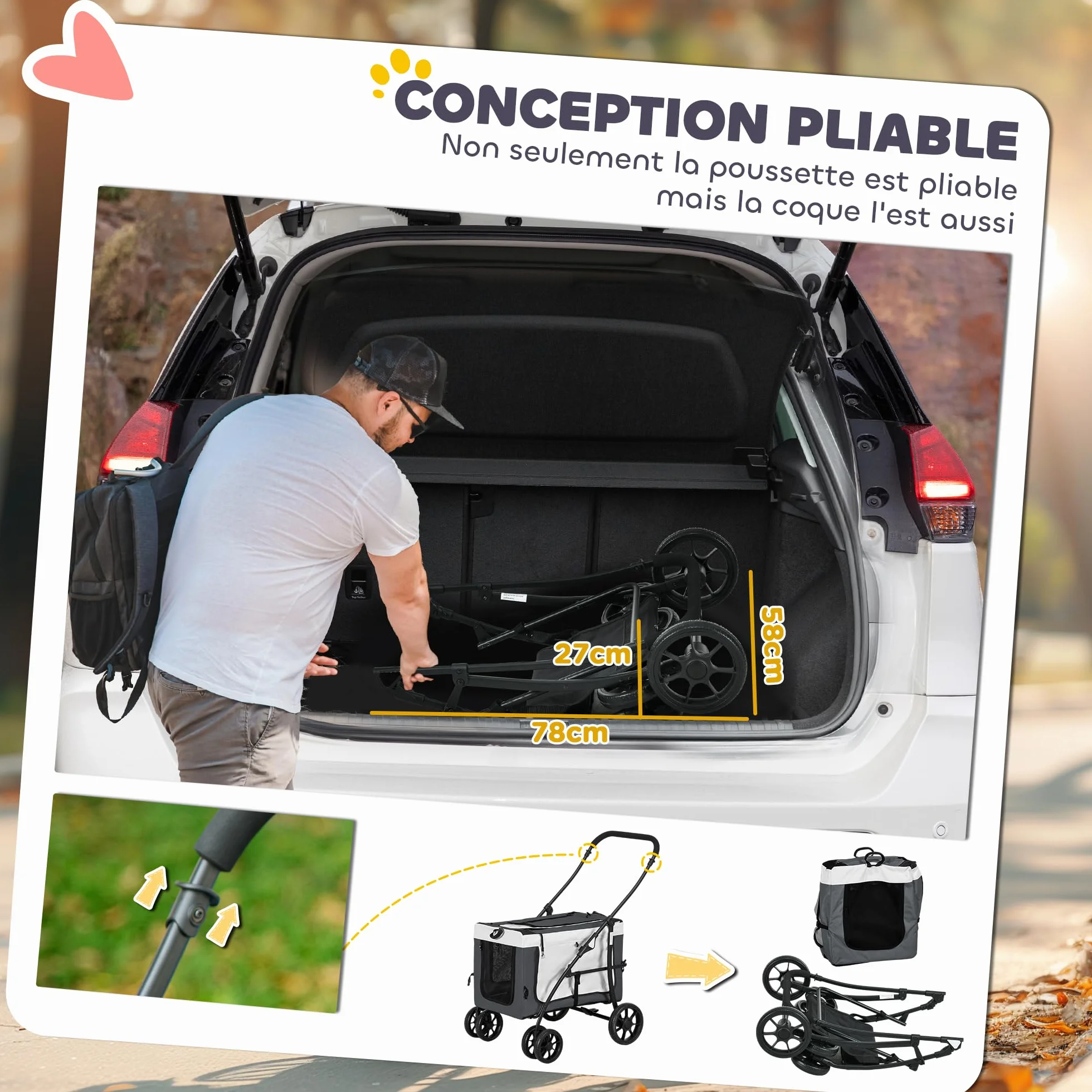 PawHut Poussette pliable animaux chien chat 2 en 1, nacelle amovible 4 roues avec frein 81 x 58 x 97,5 cm gris