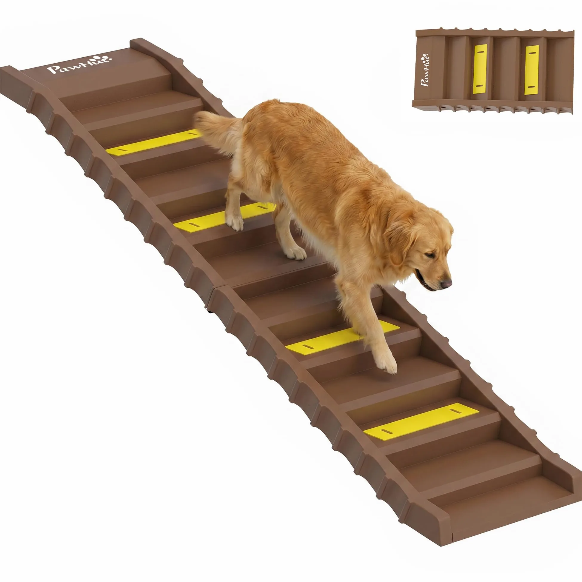 PawHut Rampe Pliable Chien Voiture Support lit Haut 25 kg Marron | Escaliers pour chien portables 10 marches avec bandes antidérapantes et coussinets, légers pour SUV/camion