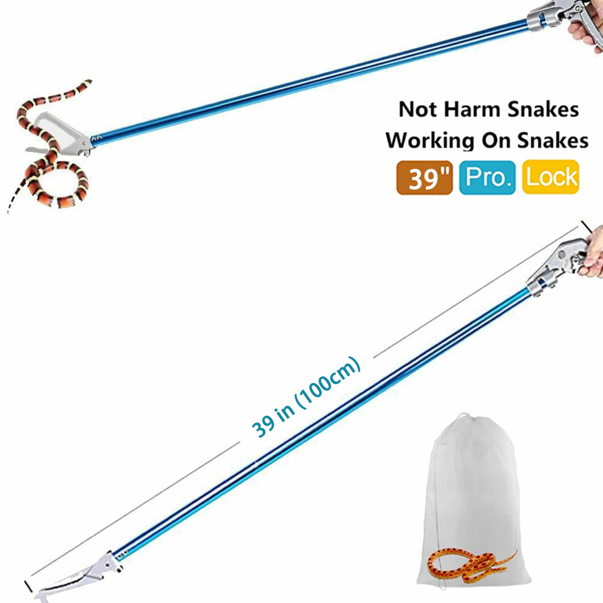 Pince à serpent professionnelle en alliage d'aluminium de 100 cm pour reptiles avec serrure et poignée confortable (sac de chasse au serpent)