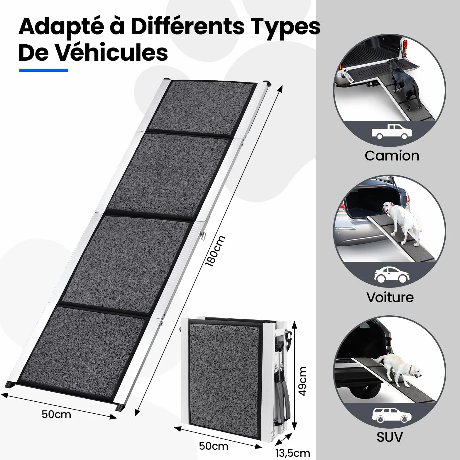 Rampe de Voiture Pliable pour Chien 170 x 44cm, Rampe Portable d'Accès Chien avec Surface Antidérapante, Cadre en Aluminium, Dog Ramp pour Camion Lit Voiture SUV, Légère et Facile à Ranger