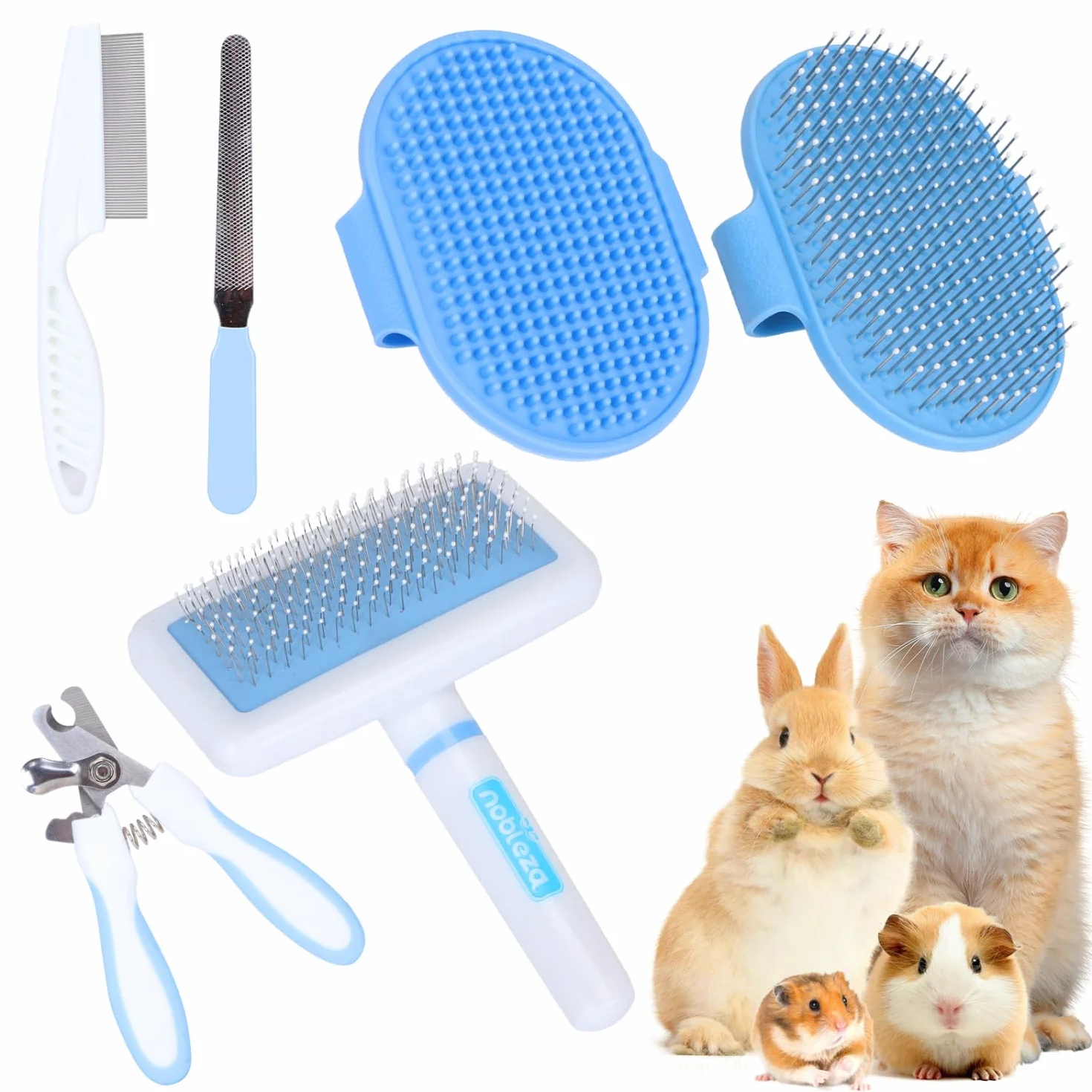 Nobleza Kit de Toilettage pour Petits Animaux 6 Pièces Brosse à Raclette Gant de Bain Peigne Hamster Bleu