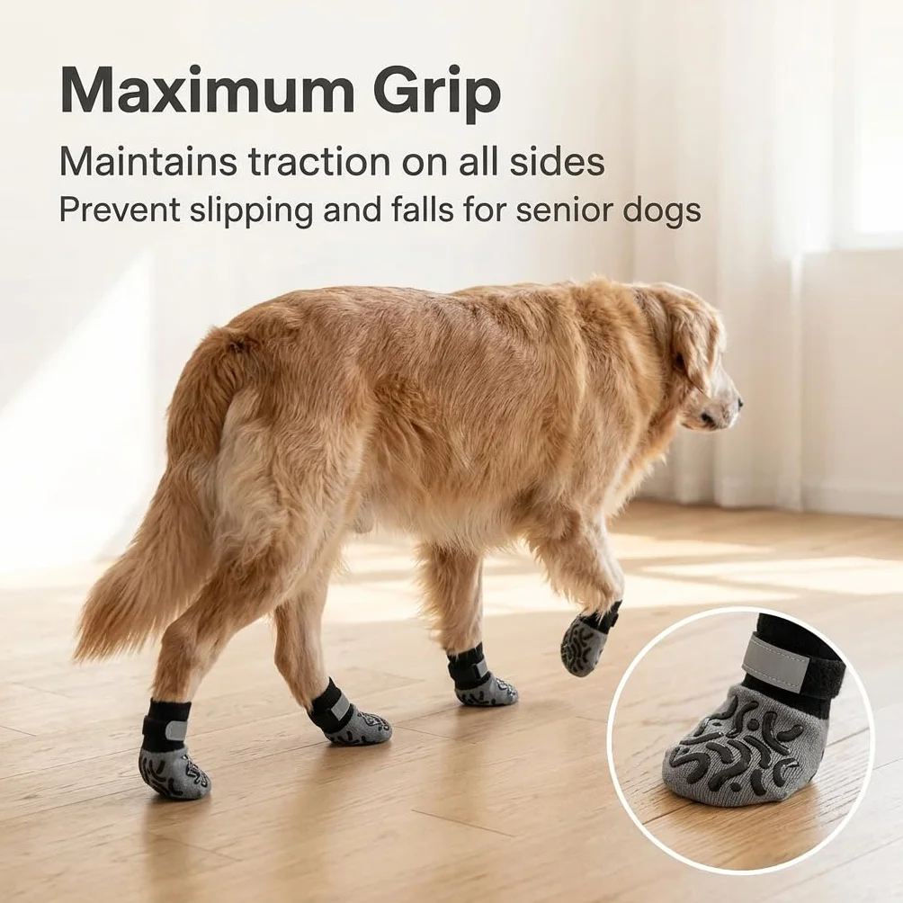 Chaussettes Antidérapantes pour Chien 2 Paires, Protège-Pattes Réglables avec Motifs en Silicone