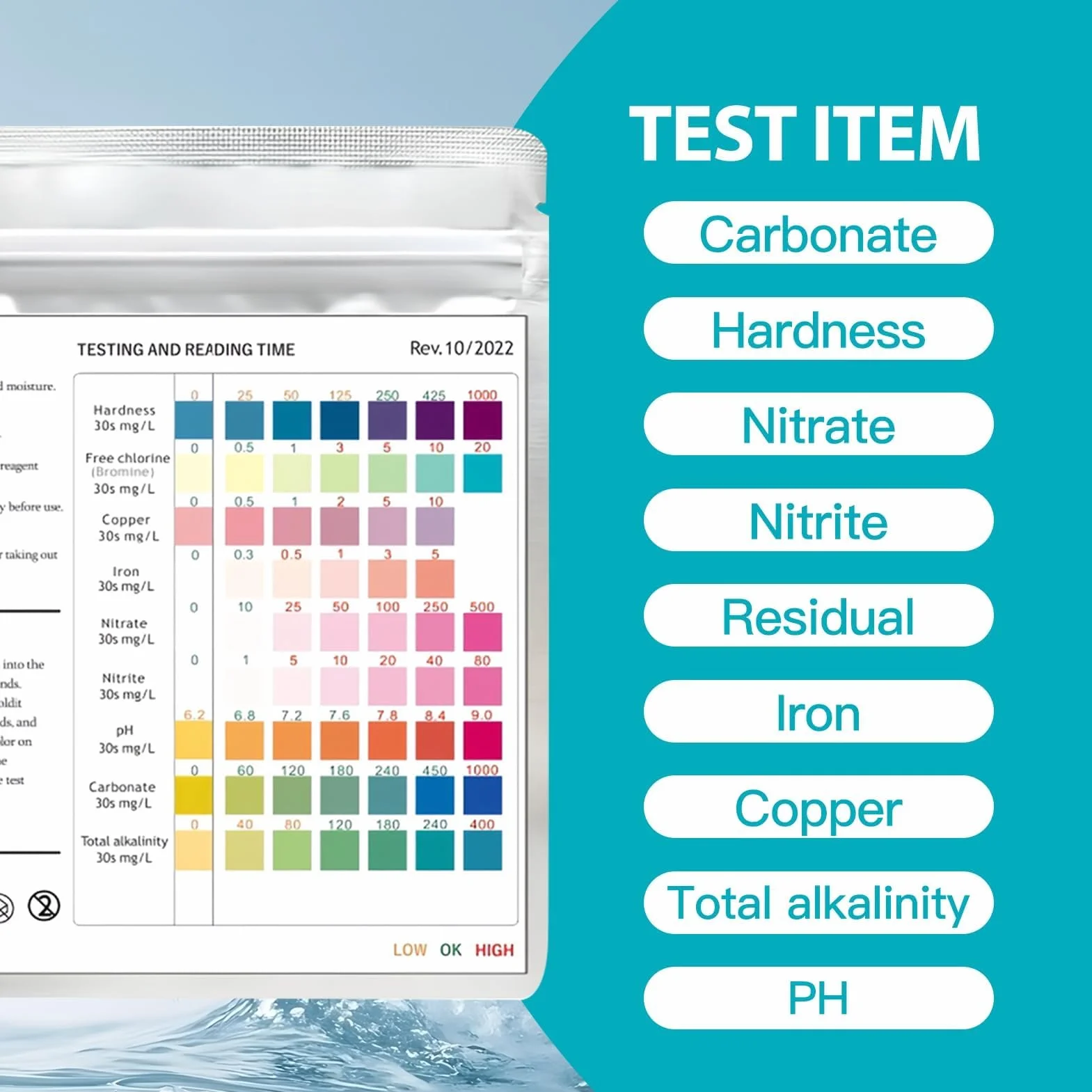 Lot de 100 Bandelettes Test Eau Aquarium 9 en 1, Kit pour Eau Douce et Salée, Test Nitrite Nitrate pH GH KH Chlore Cuivre Fer avec Tube et Thermomètre