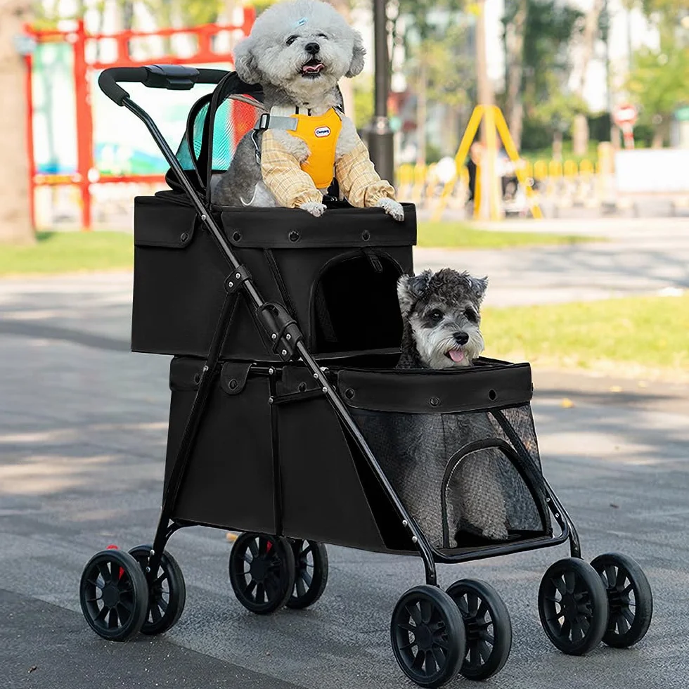 Poussette Double Couche pour Chien Chat Animaux Voyage, Pliable 4 Roues Chariot Landau Jogger Buggy 67x50x95cm Noir