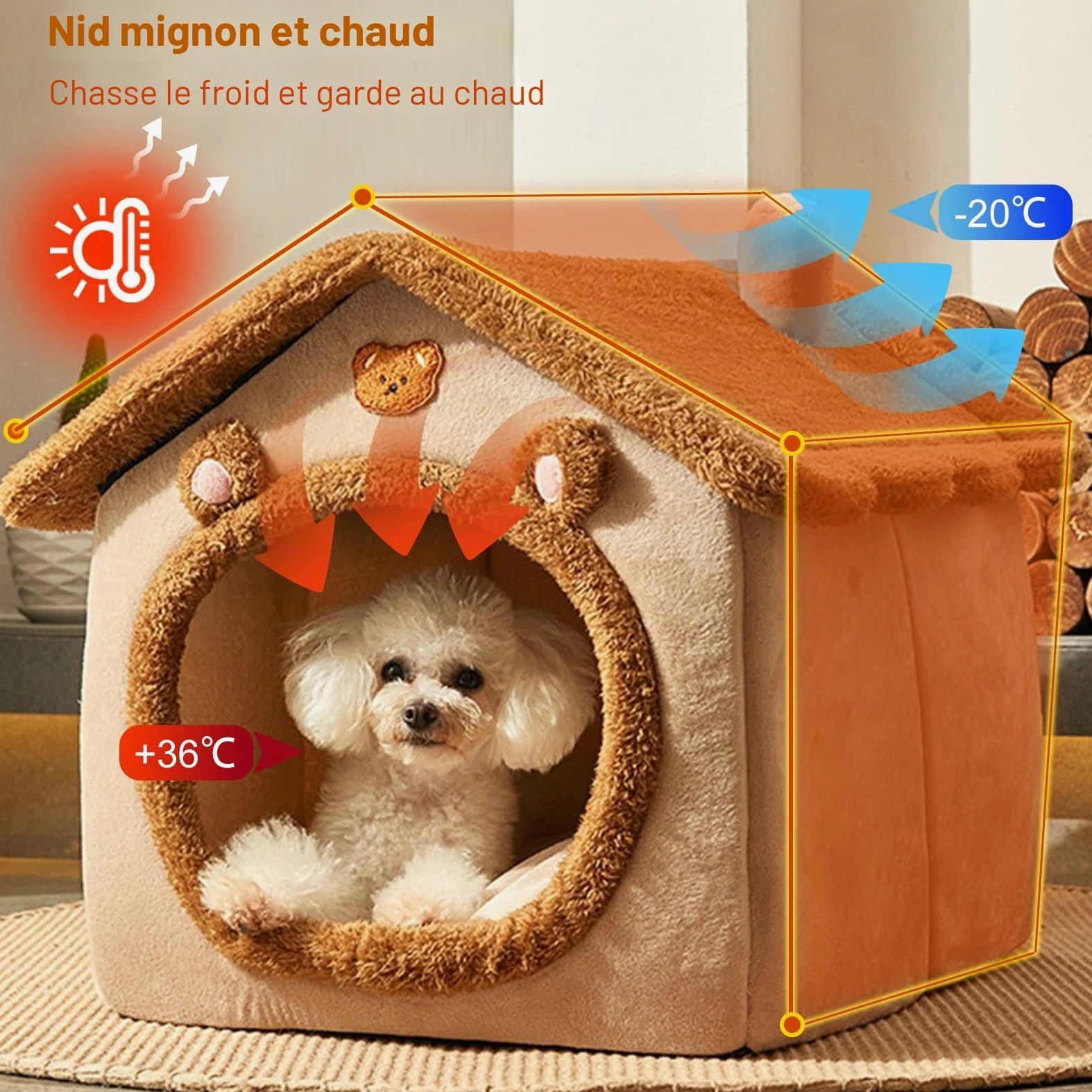 PETCUTE Niche Animaux de Compagnie Interieur,Lavable Lit De Grotte pour Chat,Panier Doux Chaud pour Chat Chien avec Fond Antidérapant,Maison Pliable pour Animal de Compagnie avec Lavable Oreiller