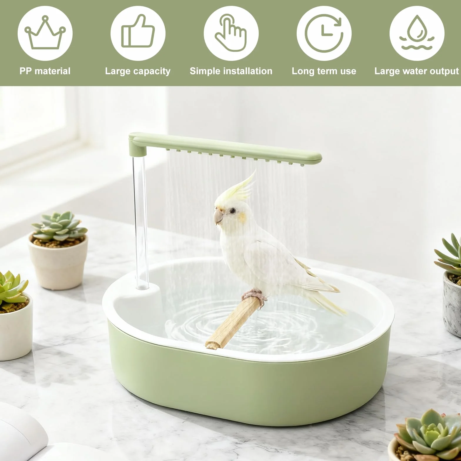 Bain d'oiseaux USB pour perruches, inséparables et aras (vert)