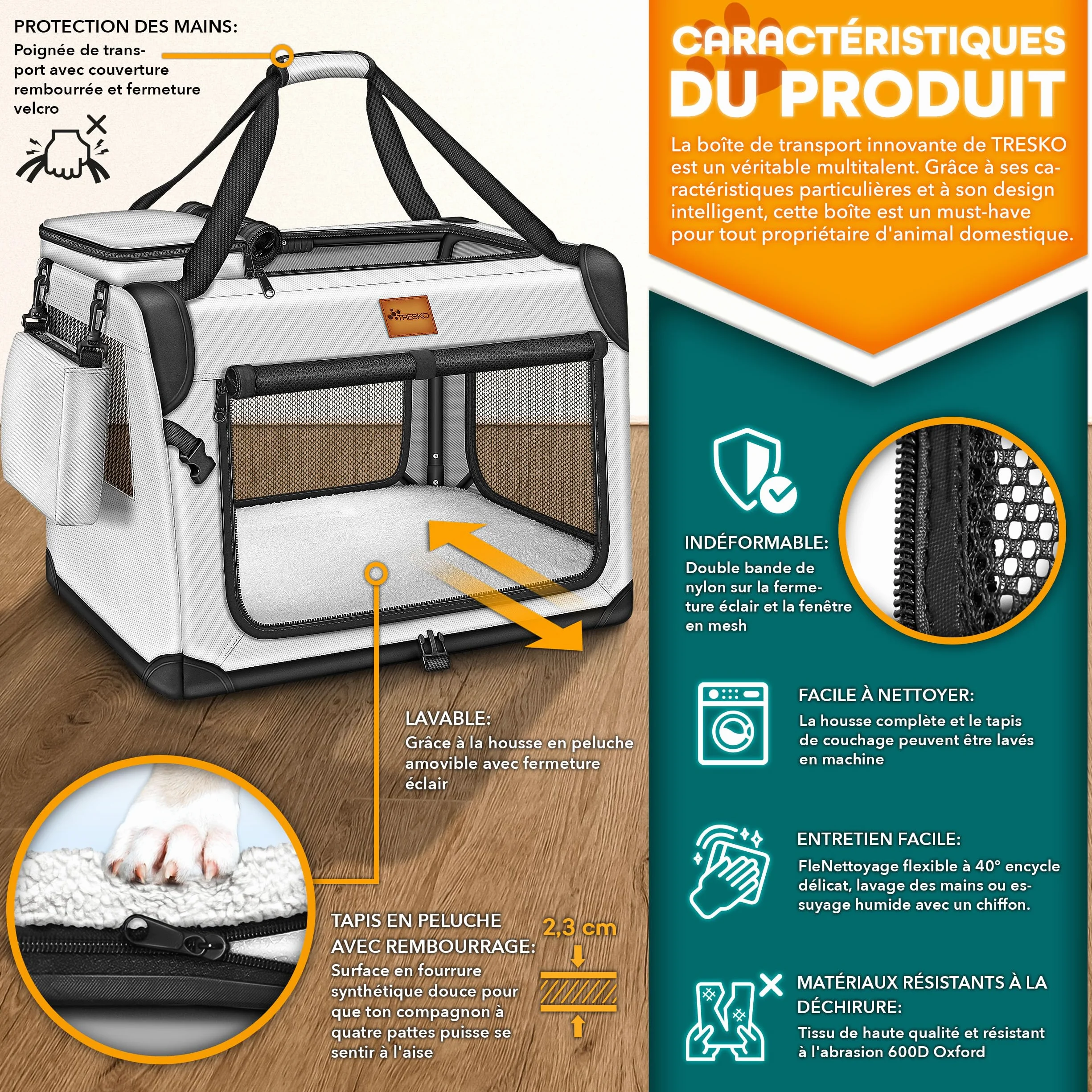 TRESKO Caisse de transport pliable pour chiens et chats, taille M, 61 x 42 x 42 cm, gris