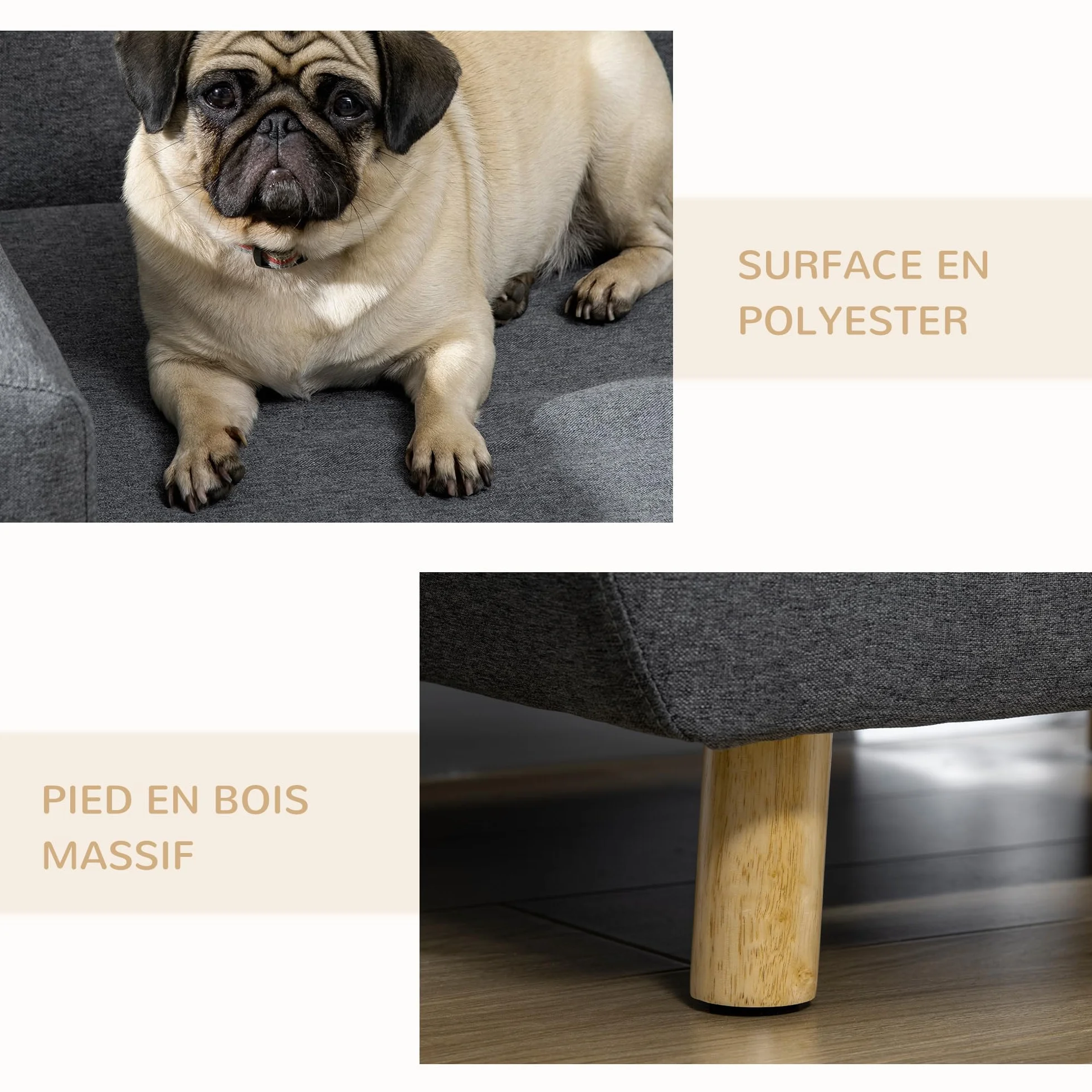 PawHut Canapé Chien Lit Scandinave Pieds Bois Massif 87x61x36 cm Polyester Gris