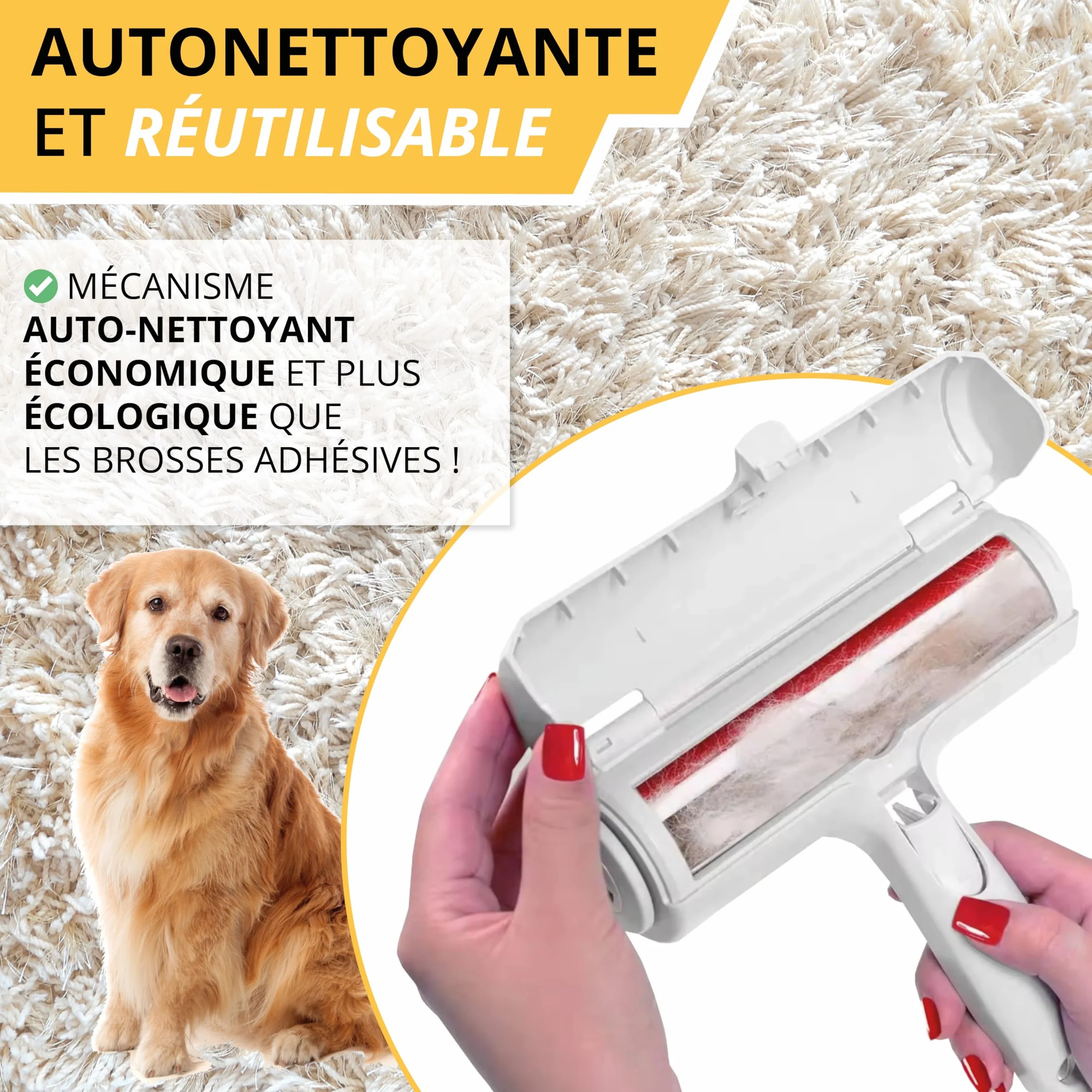 Brosse Anti-Poils Autonettoyante pour Chat et Chien - Rouleau Idéal pour Animaux