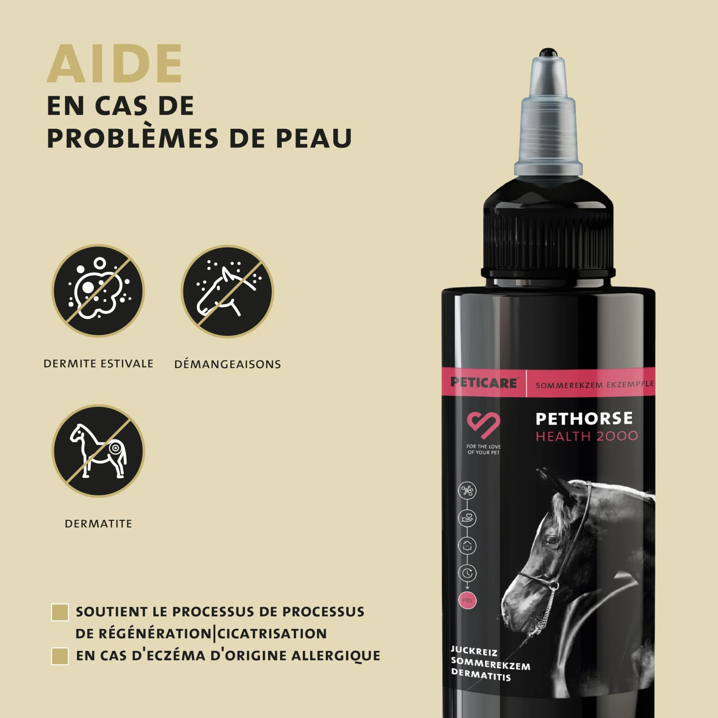 Peticare Soin Spécial pour Chevaux | pour eczéma Estival, dermatite et démangeaisons | Favorise la régénération de la Peau avec Le système PRS® à libération prolongée – petHorse Health 2000