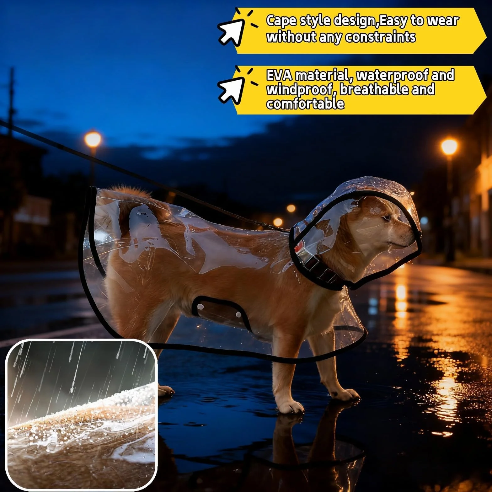 Poncho de Pluie en PVC Transparent Imperméable pour Chien avec Capuche, Taille L