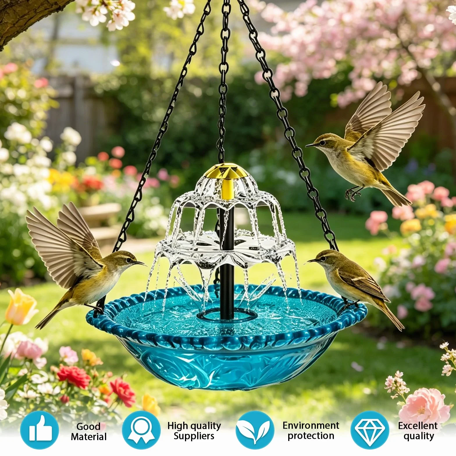 Bain d'oiseaux suspendu 3 niveaux avec fontaine solaire, bleu, chaînes en métal pour jardin