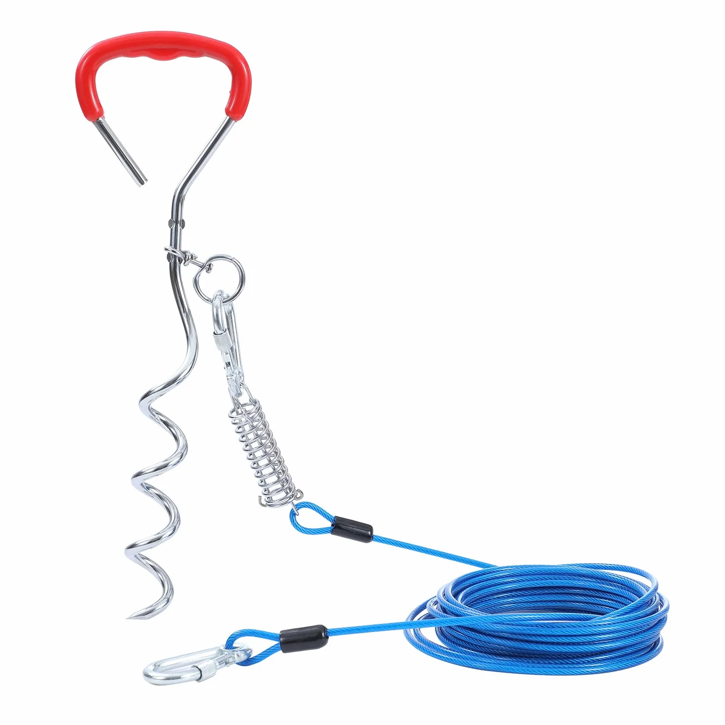 TOPWAY Câble d'attache pour Chien 10m et Piquet en Spirale de 42cm, Chien Cravate Câble pour Le Camping en Plein Air, Bleu + Rouge