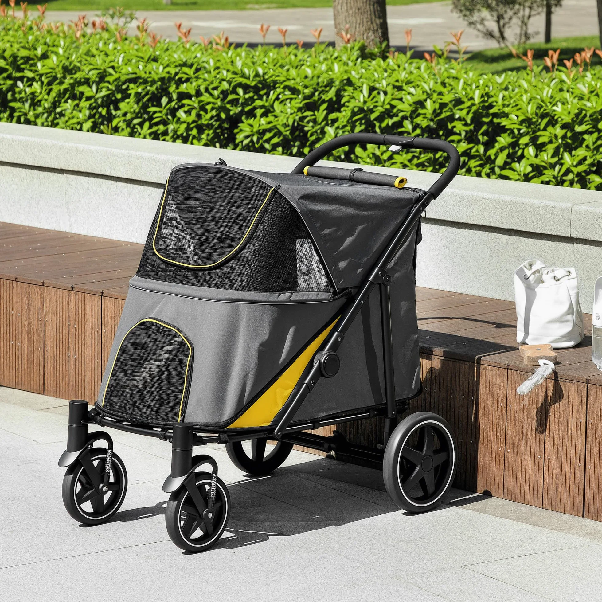 PawHut Poussette pour chien 4 roues EVA pliage un clic laisse sécurité charge 30 kg gris foncé