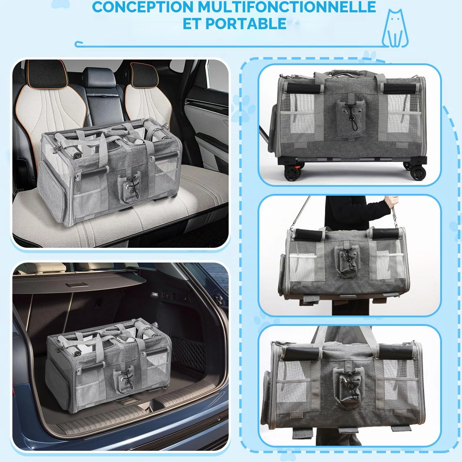 Sac à roulettes pour Chat Chien Pliable Transporteur Roulant, Sac de Transport Chats Poignée Télescopique Bandoulière pour 2 Chats et Petits Chiens jusqu'à 20 kg, Design ventilé
