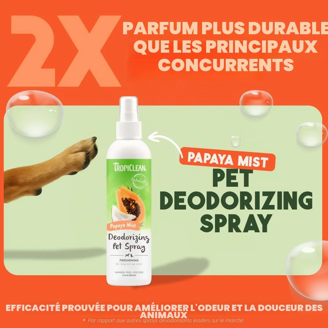 TropiClean Spray Désodorisant pour Animaux de compagnie Chiens & Chats - Parfum Longue Tenue - Sans Paraben & Sans Colorant - Brume de Papaye, 236 ml
