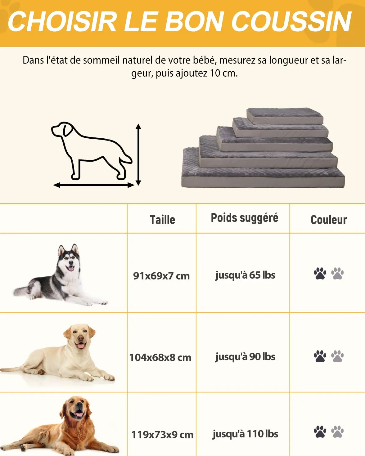 Panier Coussin Chien Dehoussable Lavable XL, Grande Taille Lit pour Chien Orthopédique, Tapis Matelas, Fond Antidérapant, Gris, 104x68x8cm