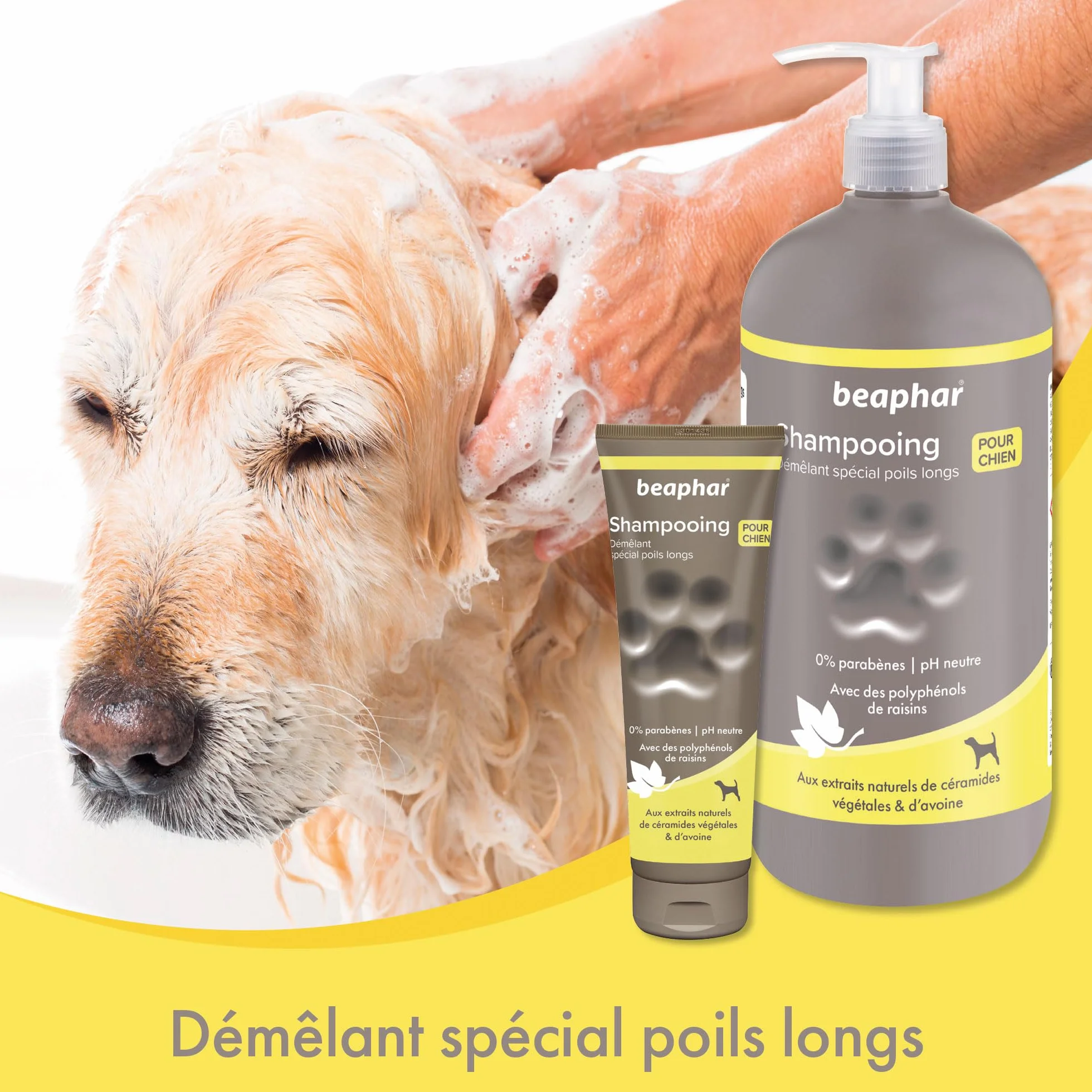 BEAPHAR – Shampoing Premium démêlant pour Chien aux Poils Longs – Aux extraits naturels de céramides végétales & d’Avoine – Démêle et nourrit – Pelage Brillant – pH Neutre & sans parabens – 750 ML