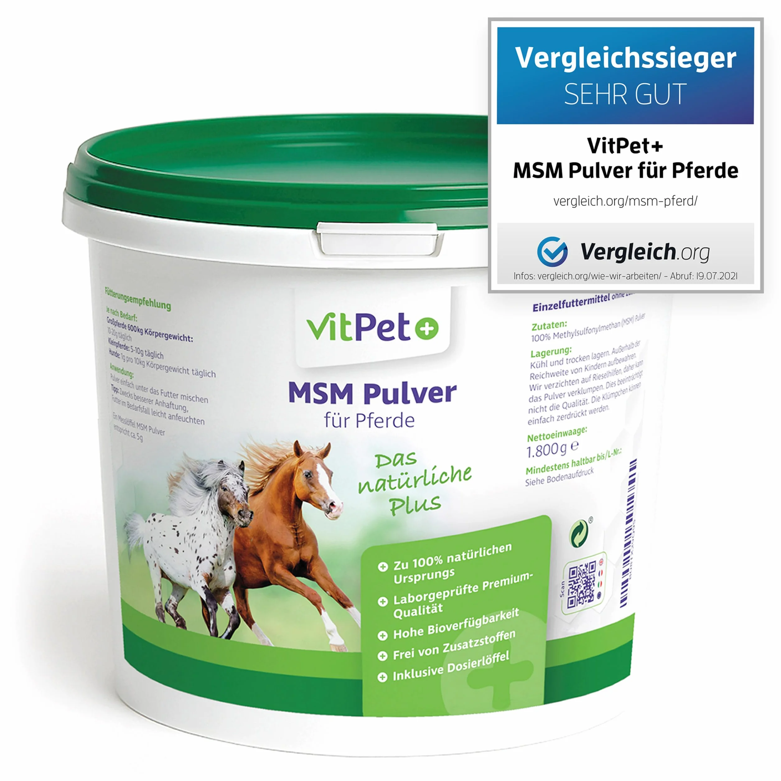 MSM Cheval – Premium MSM Poudre pour chevaux dans un seau de 1,8 kg avec cuillère doseuse (méthylsulfonylméthane / poudre de soufre pour chevaux et chiens)