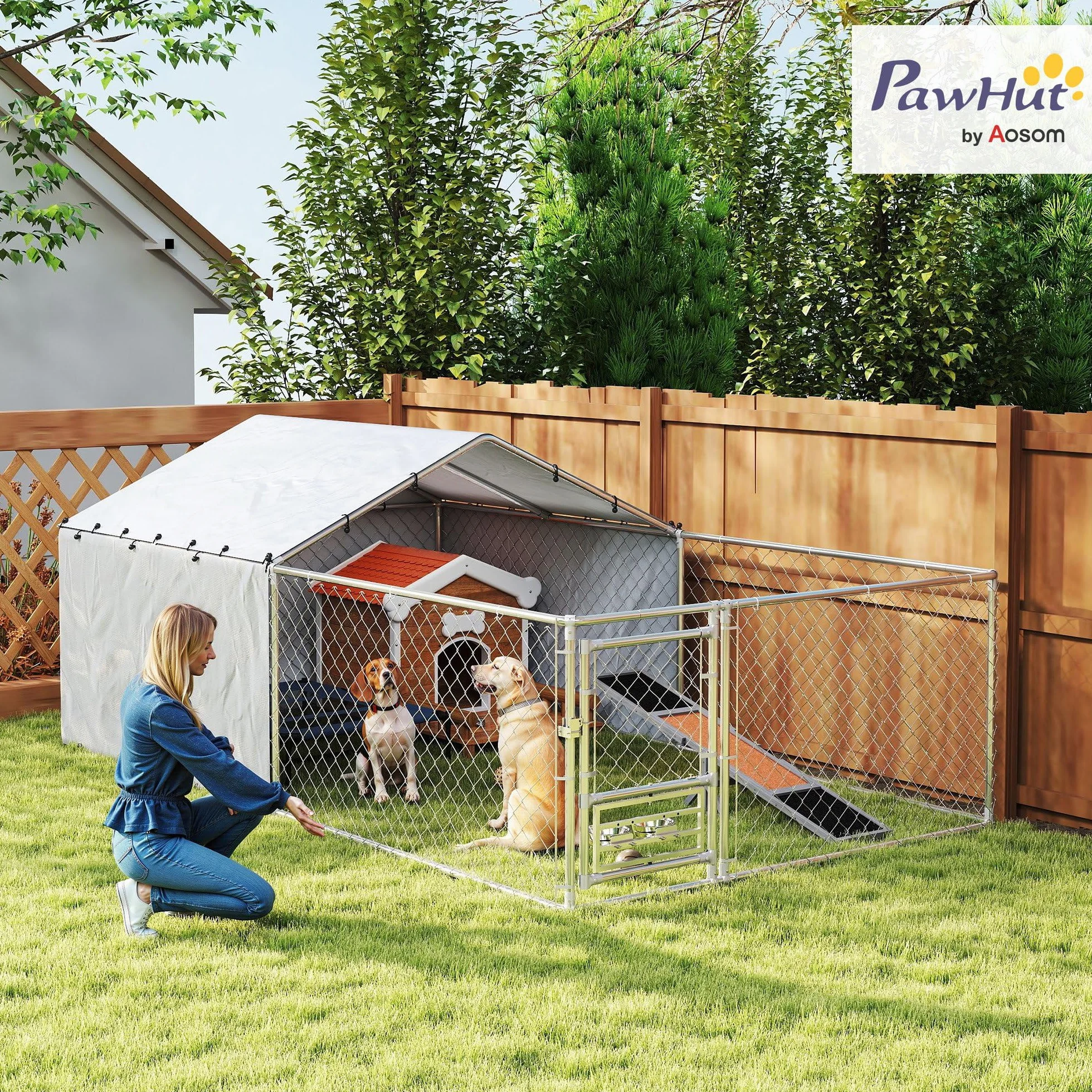 PawHut chenil clôture pour chiens extérieur avec toit anti-UV imperméable bols rotatifs boîte rangement porte verrouillage acier 400 cm