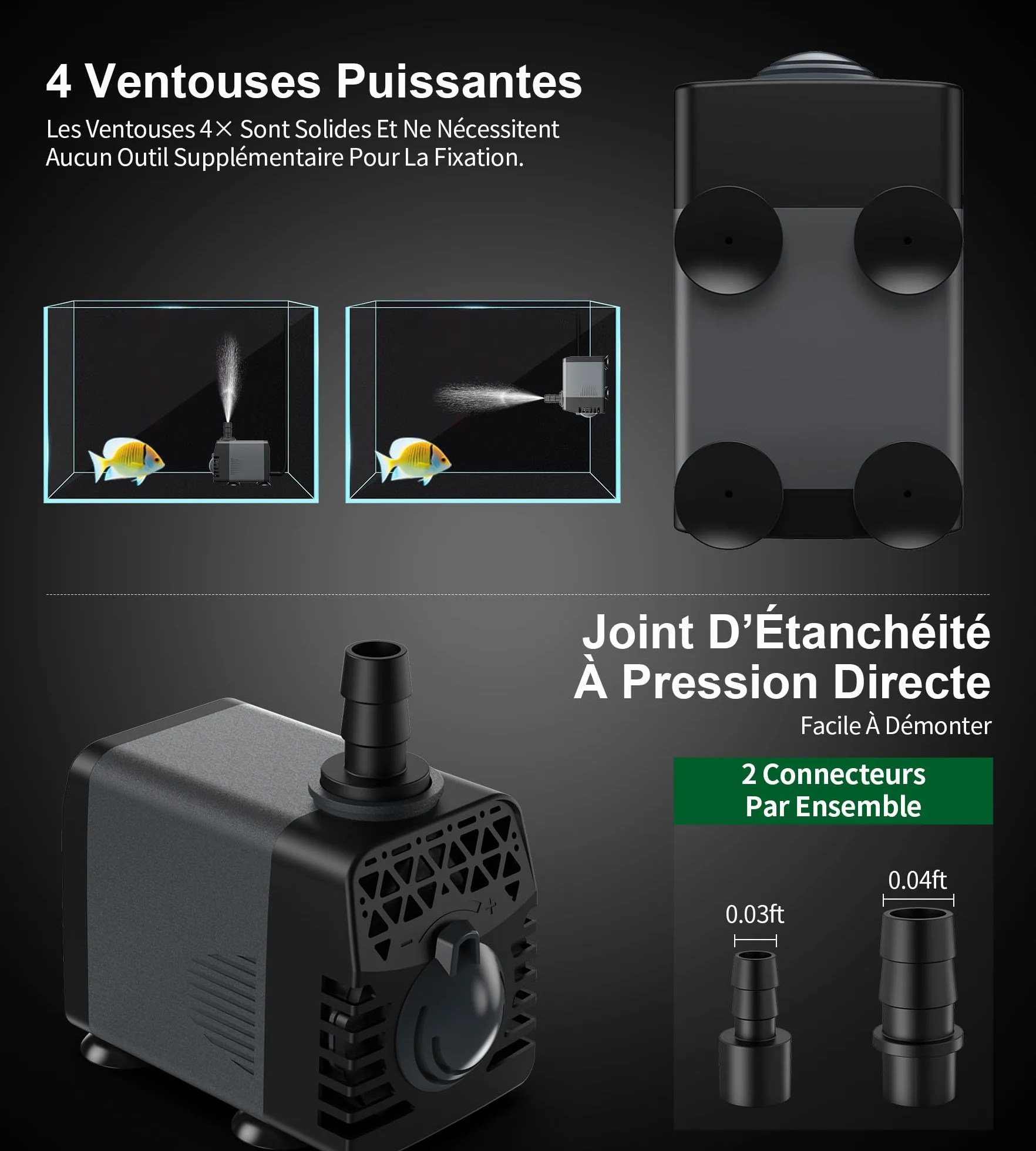 Ankway Pompe à Eau Submersible 10W 600 L/H Aquarium Ultra-Silencieux Ajustable Fontaine avec Câble 1,8 M 2 Buses