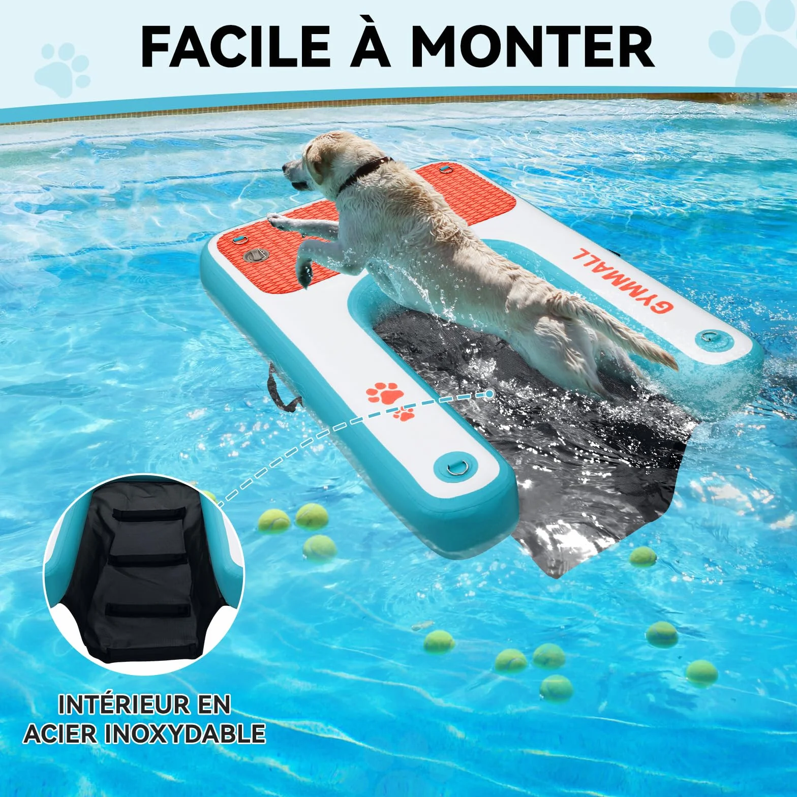 Plateforme Flottante pour Chien 120x82cm Antidérapante Jusqu'à 100kg