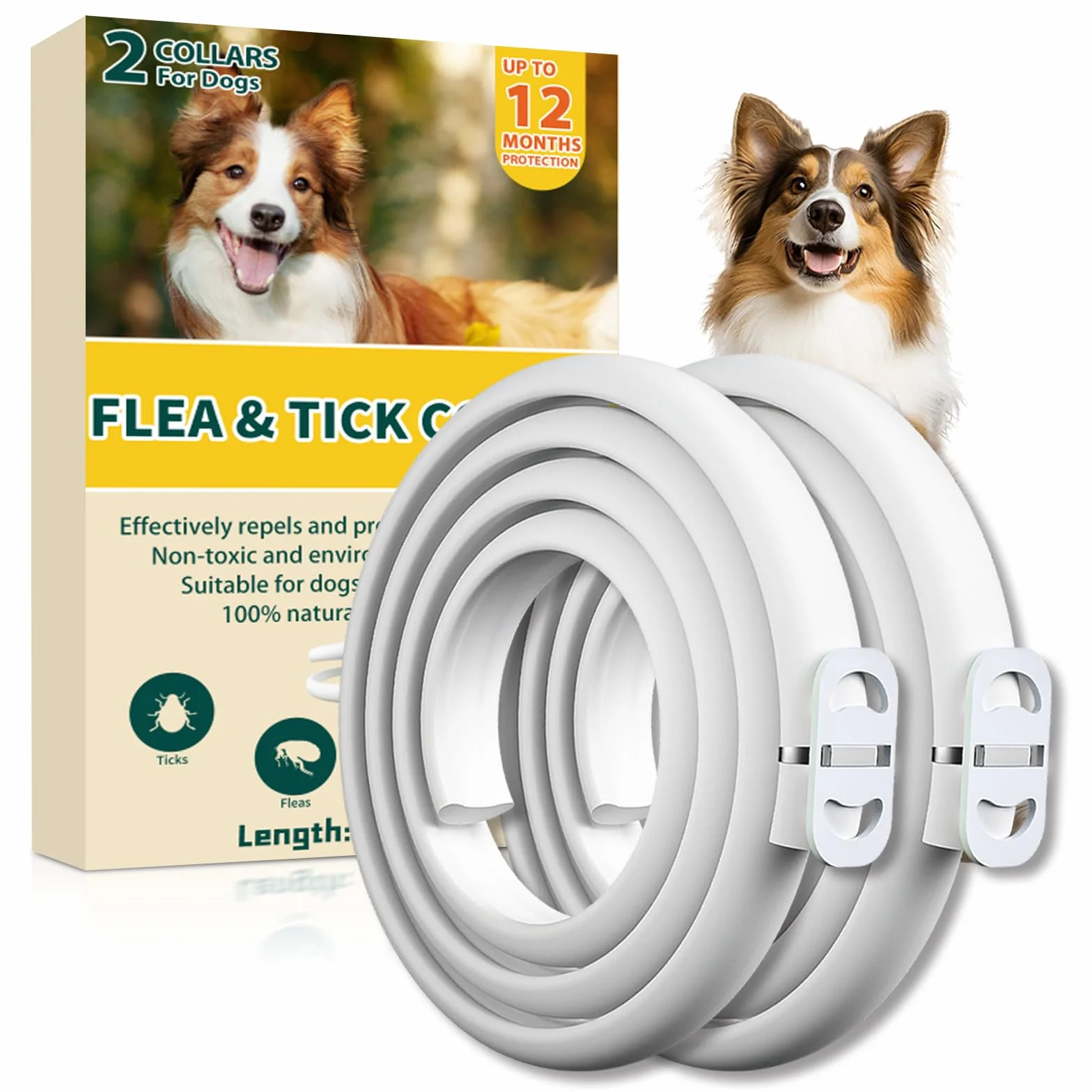 Collier Anti Puces pour Chien 65cm, 12 Mois Protection Efficace, Réglable Étanche, 2 Pack