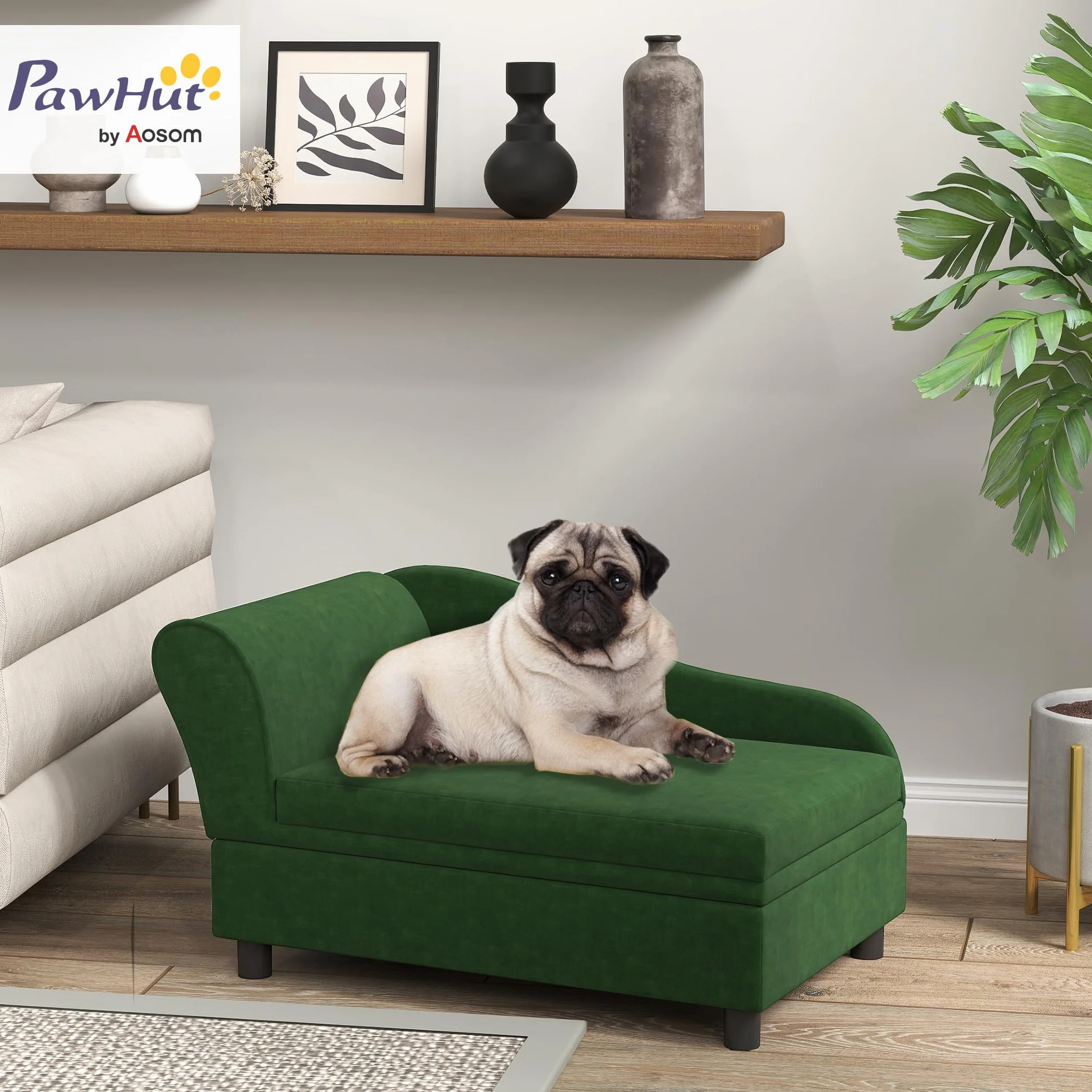 PawHut Canapé Chien Chat avec Coffre Rangement Style Moderne Coussin Amovible 76x45x43 cm Vert