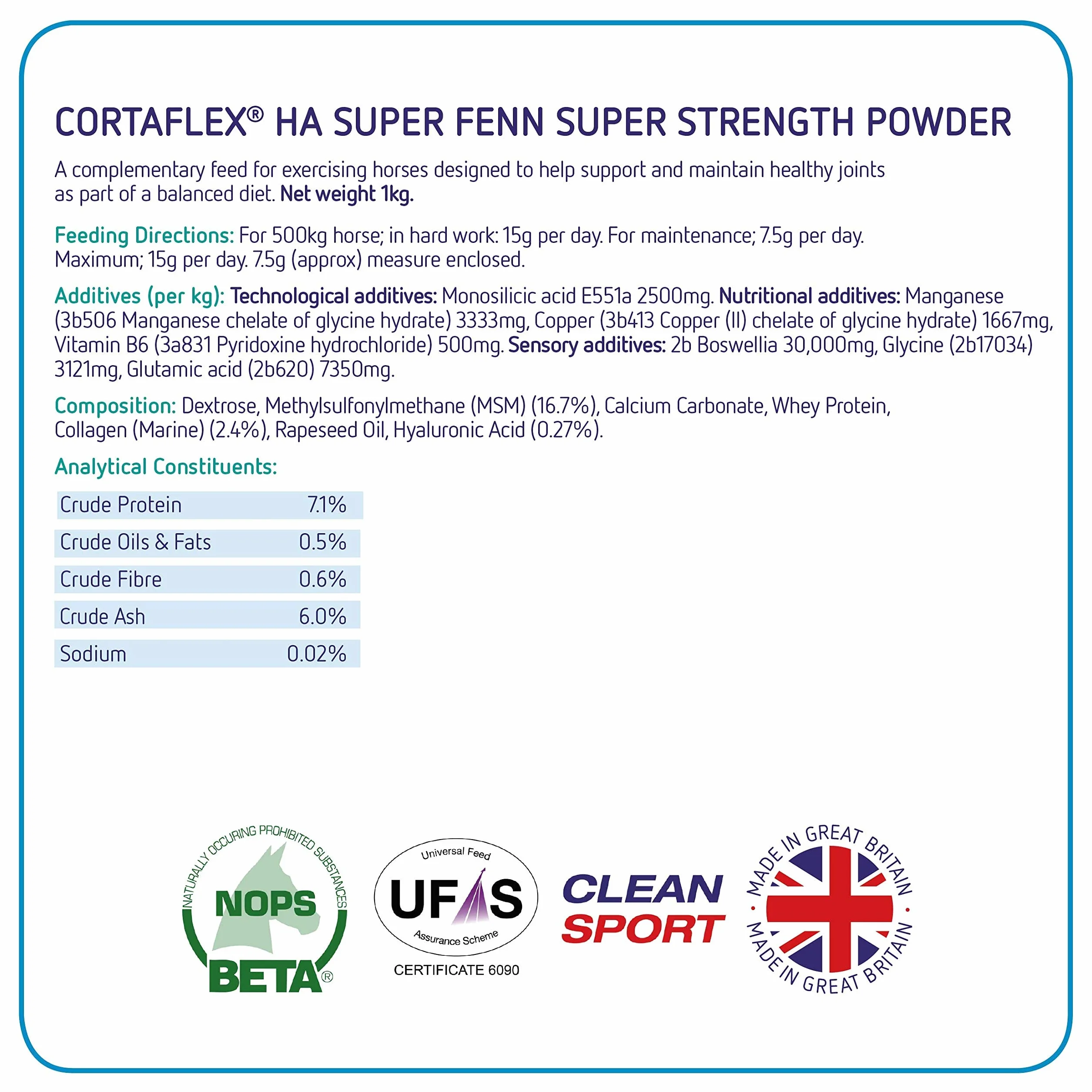 Equine America Cortaflex HA Super Fenn Poudre Super Forte 1 kg Complément Cheval & Poney