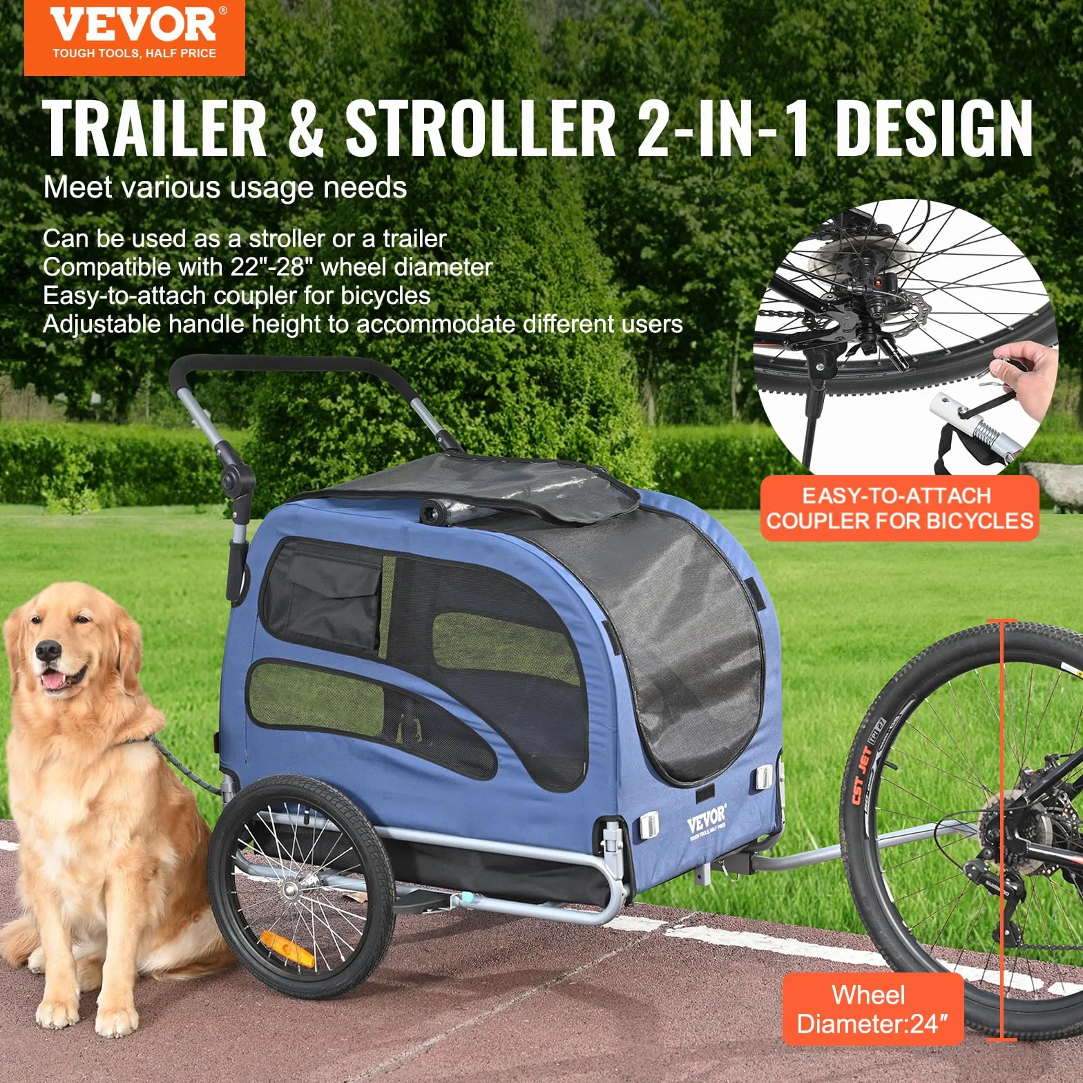 VEVOR Remorque de Vélo Chien Pliable 45 kg Poussette Animaux 2en1 Roues Dégagement Rapide Bleu/Noir
