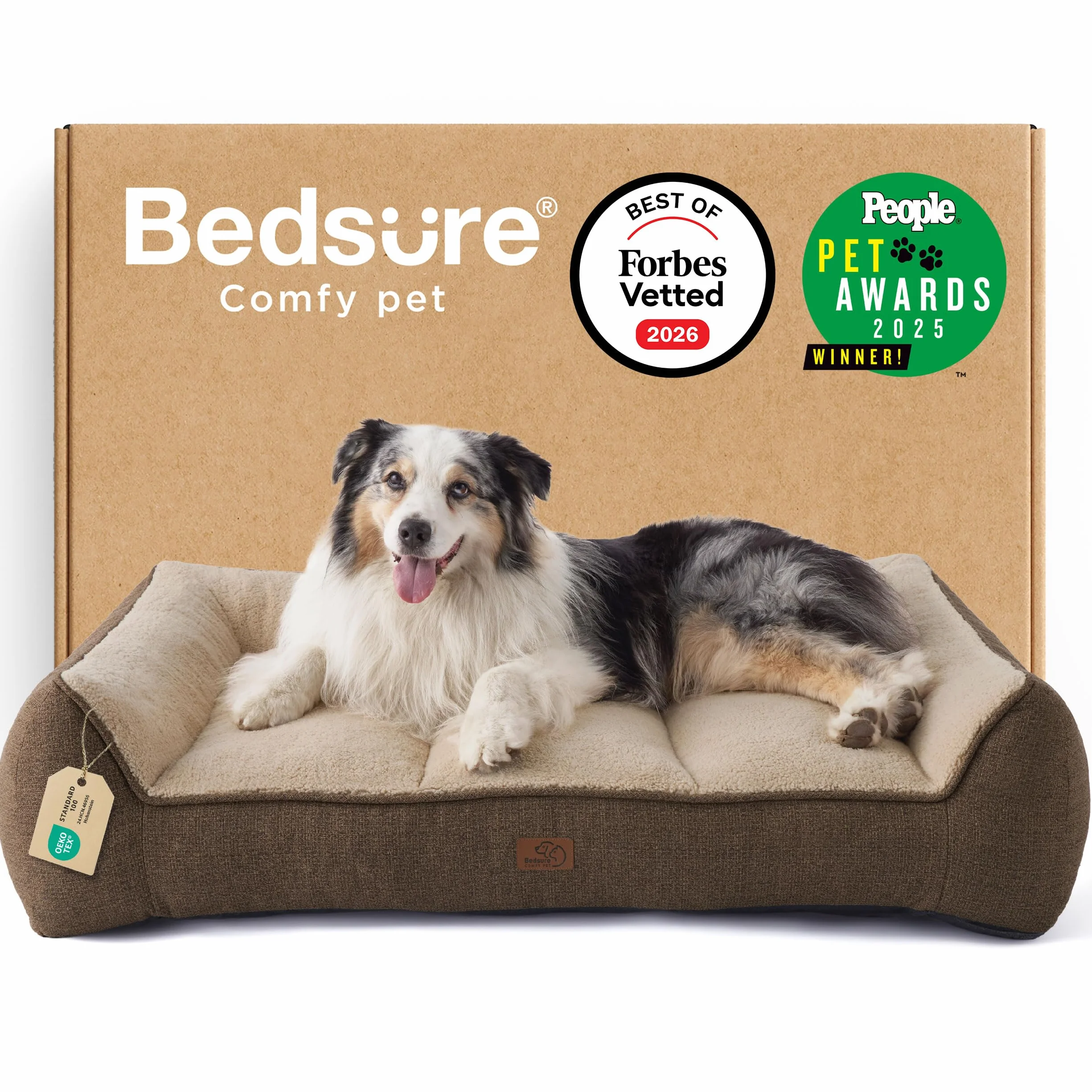 Bedsure Panier Lavable Grands Chiens 106x76cm Sofa pour Chien Extra Épais Housse Imperméable Antidérapant Sherpa Douce Brun