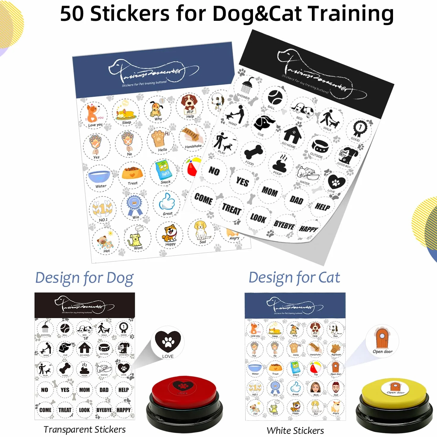 4 Boutons de Communication pour Chien, Boutons enregistrables, Boutons pour Chiens, 4 Boutons, 1 Tampon en Caoutchouc, 50 Autocollants, entraînez Votre Chien à Parler