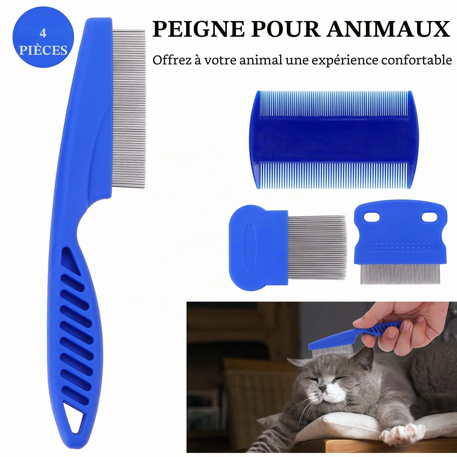 Molain Set de peignes anti puces pour chats et chiens, 4 pièces, peigne de toilettage