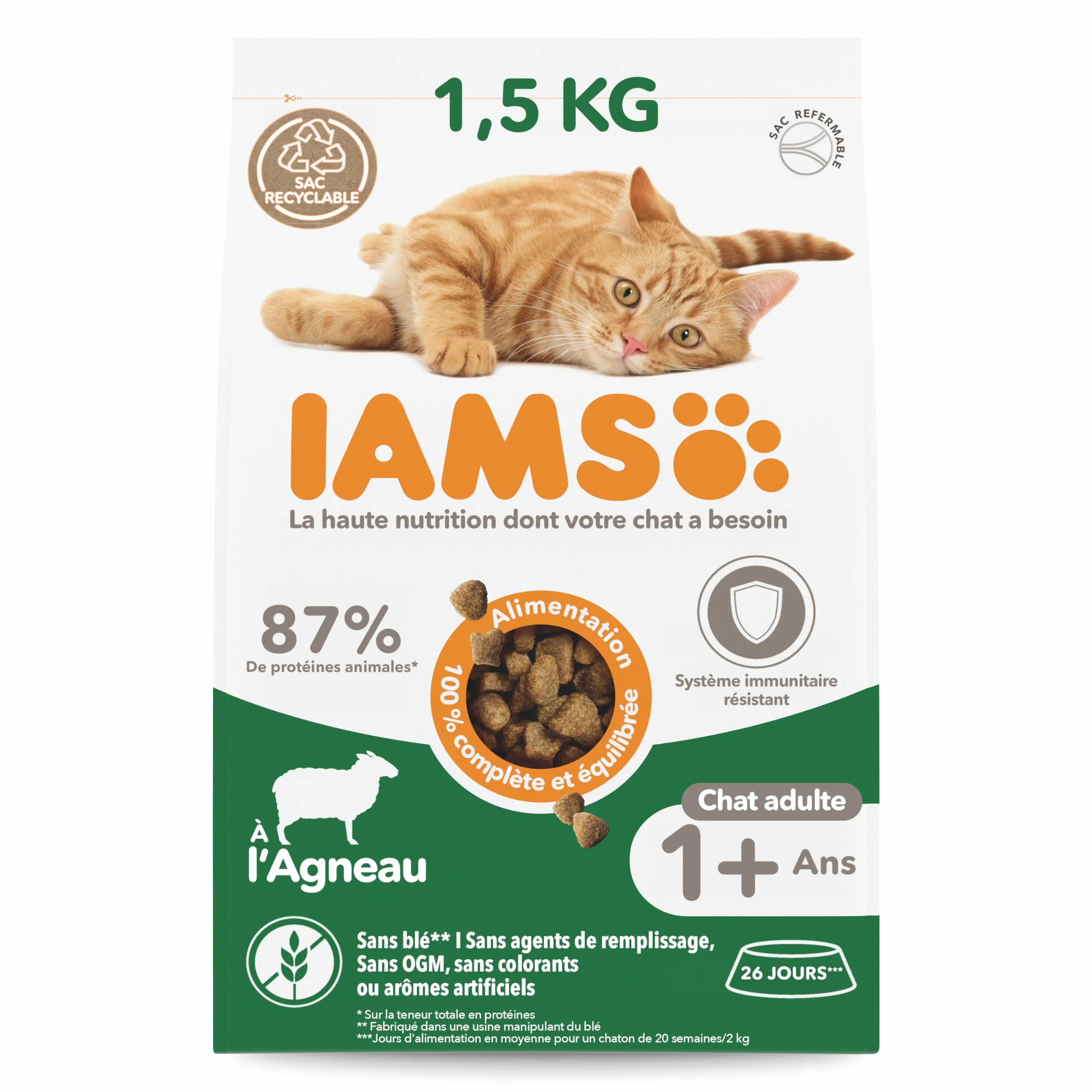 IAMS Vitality Croquettes Premium Chats Adultes Agneau 1,5 kg Sac Refermable