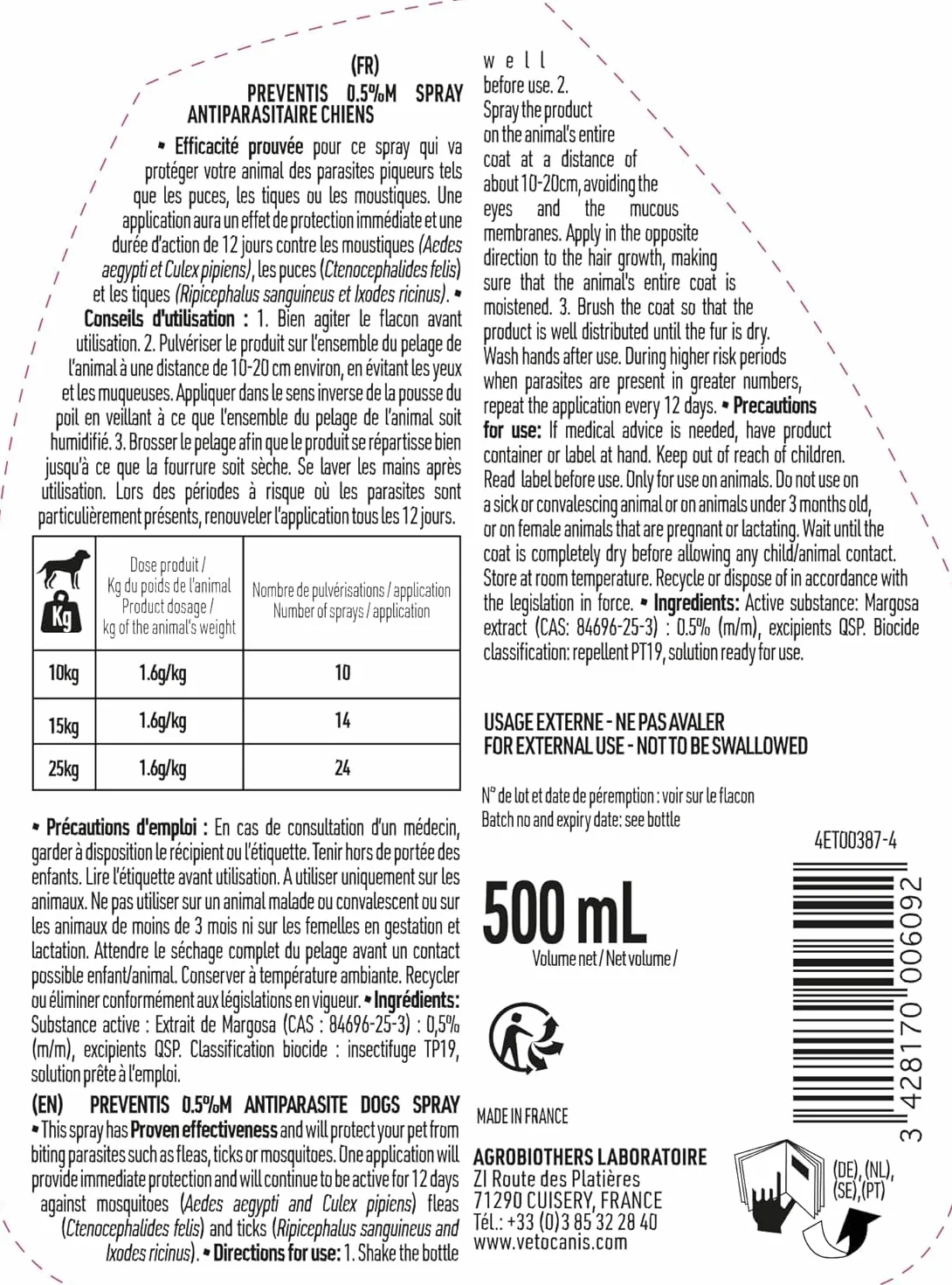 VETOCANIS, Spray Anti-puces et Anti-Tiques et Anti-Moustiques pour Chien, Spray Antiparasitaire 500ML, Répulsif Efficace 12 JOURS