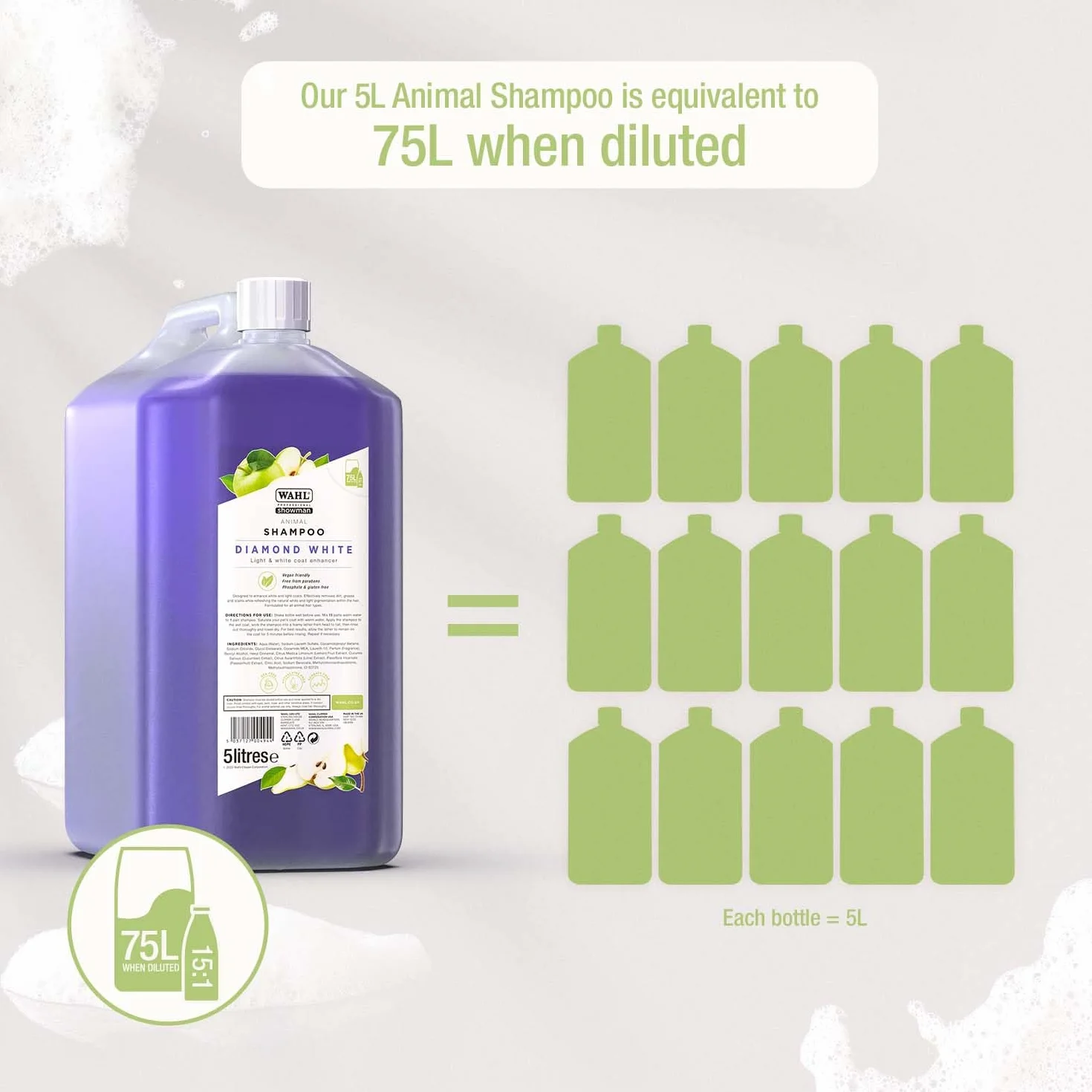 WAHL Diamond White Animal Shampoo 5 L éclaircissant concentré 15:1 végétalien sans parabènes