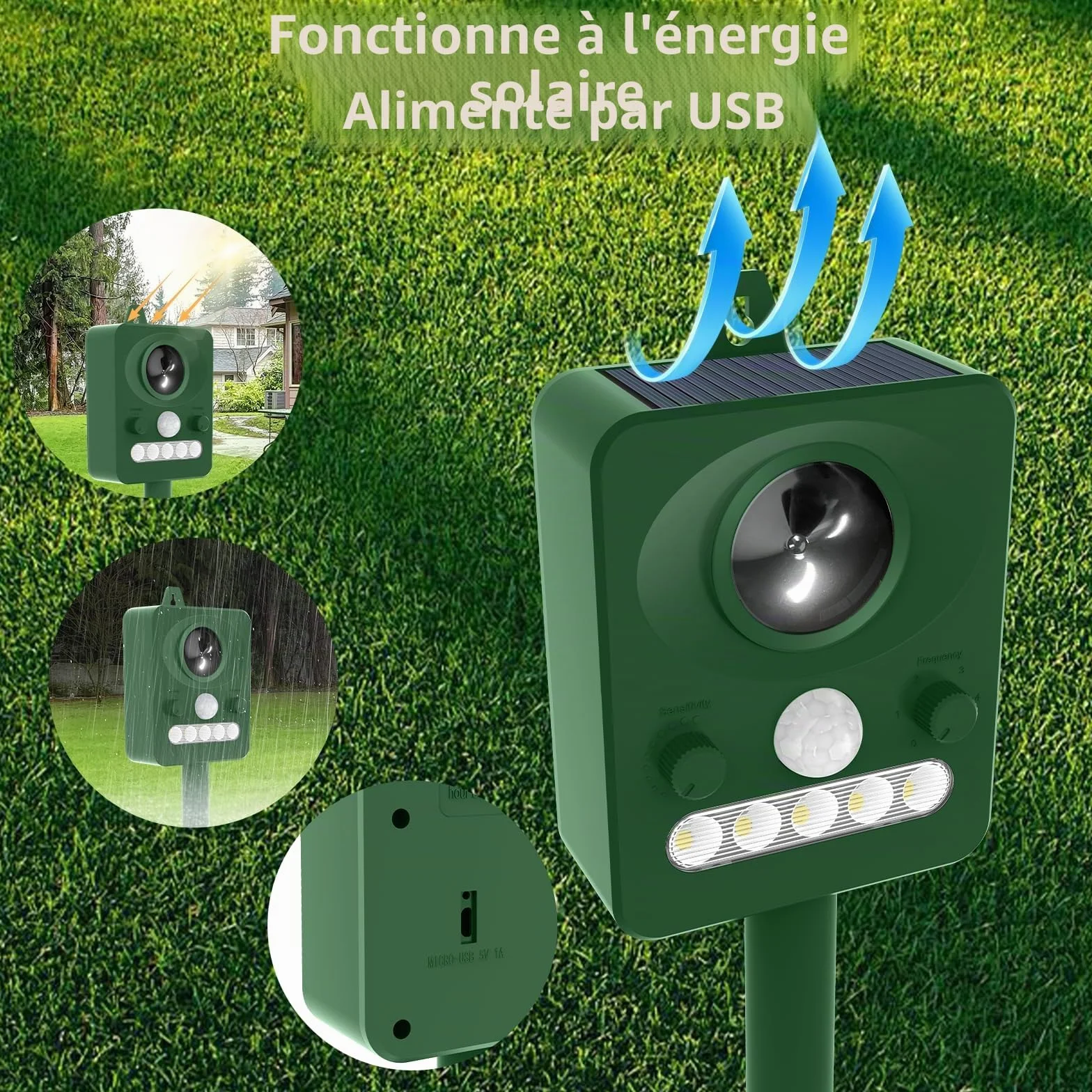 Répulsif Chat Ultrason Extérieur Puissant Étanche Capteur Mouvement 15m Recharge Solaire USB Anti Pigeons Balcon