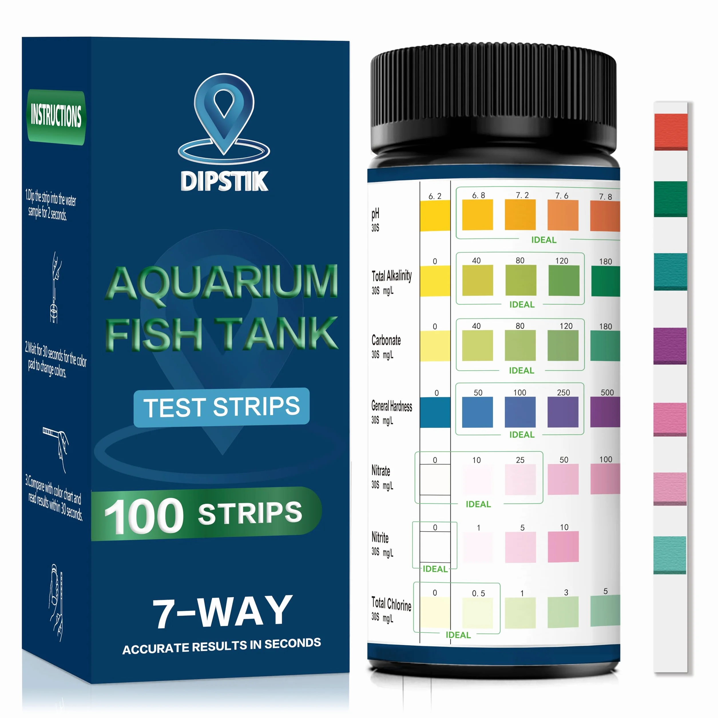 Bandelette de Test Eau 7 en1 pour Aquarium - Alcalinité Totale, Dureté Totale, Dureté Carbonatée, PH, Nitrite, Nitrate, Chlore (100 Bandelettes)