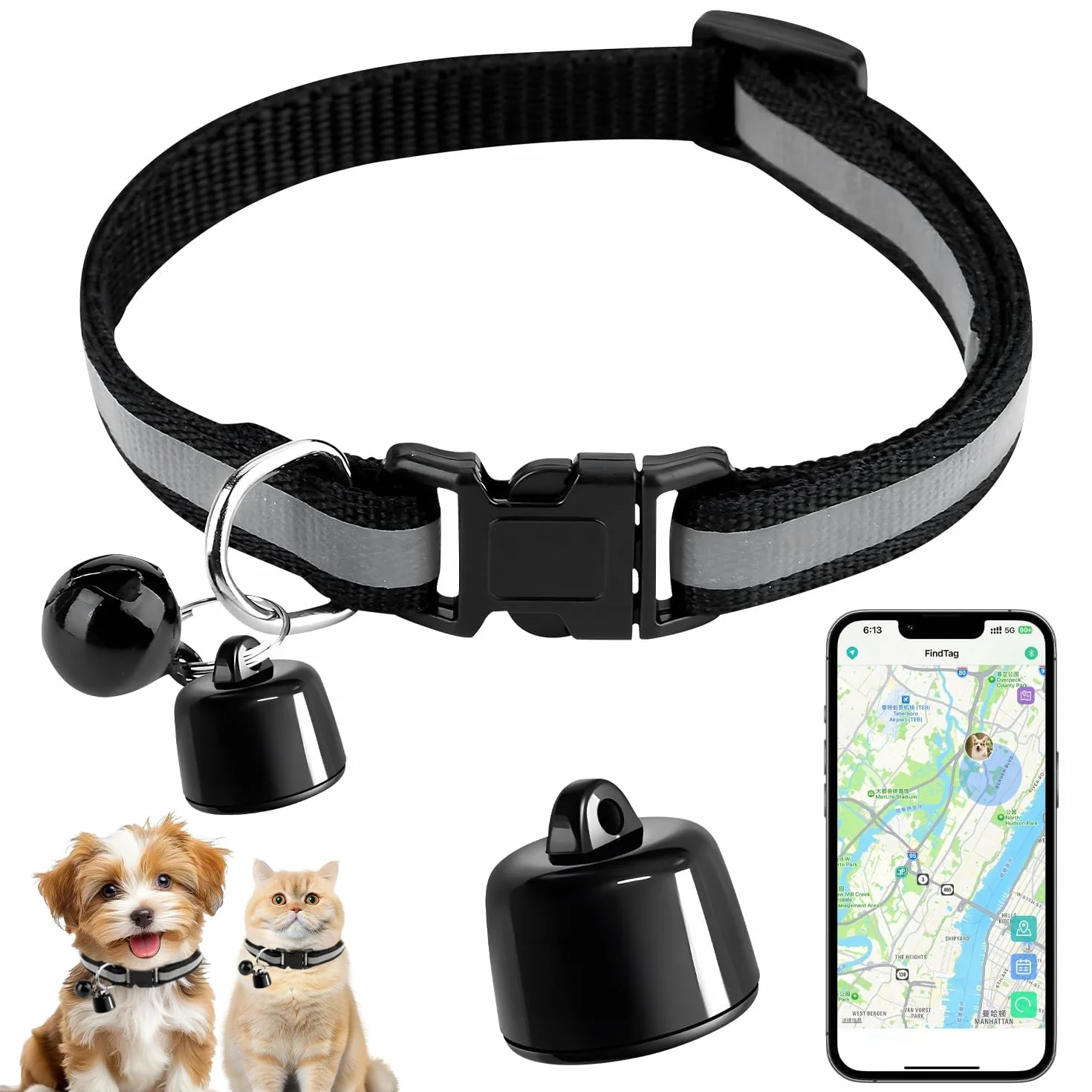 Traceur GPS Chat Chien, Collier GPS Compatible iOS Android, sans Abonnement ni Carte SIM, Étanche Animaux Clés Bagages Véhicules