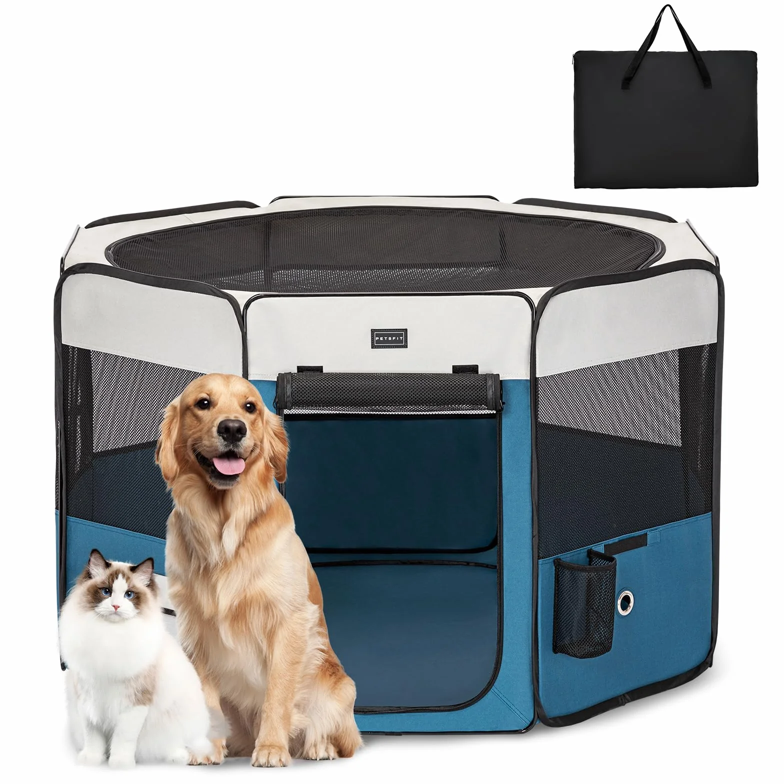 PETSFIT Enclos Pliable pour Petits Animaux 116x106x70 cm Fond étanche Pop-up Anti-Mastication Gris/Bleu