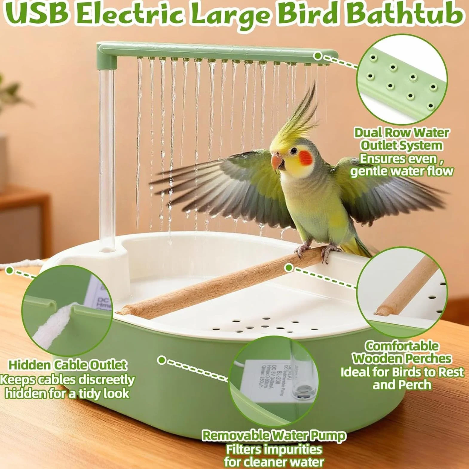 Douche pour Perroquet Automatique avec Eau en Circulation, Pompe Silencieuse et Chargement USB