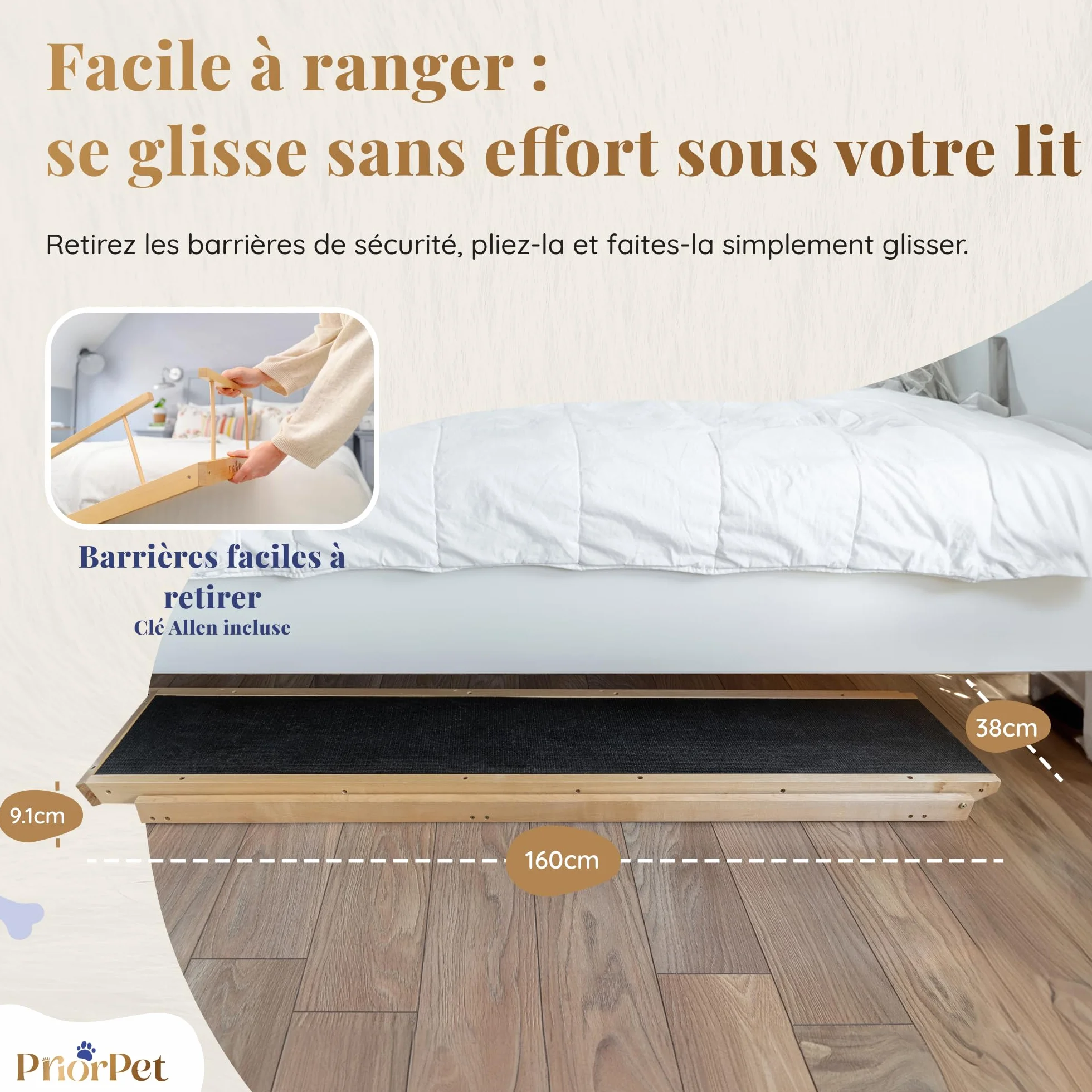 PRIORPET Rampe pour Chien avec Barrières de Sécurité Escalier Pliable Lit Haut 94.5 cm Bois de Bouleau Antidérapante 23kg Naturel