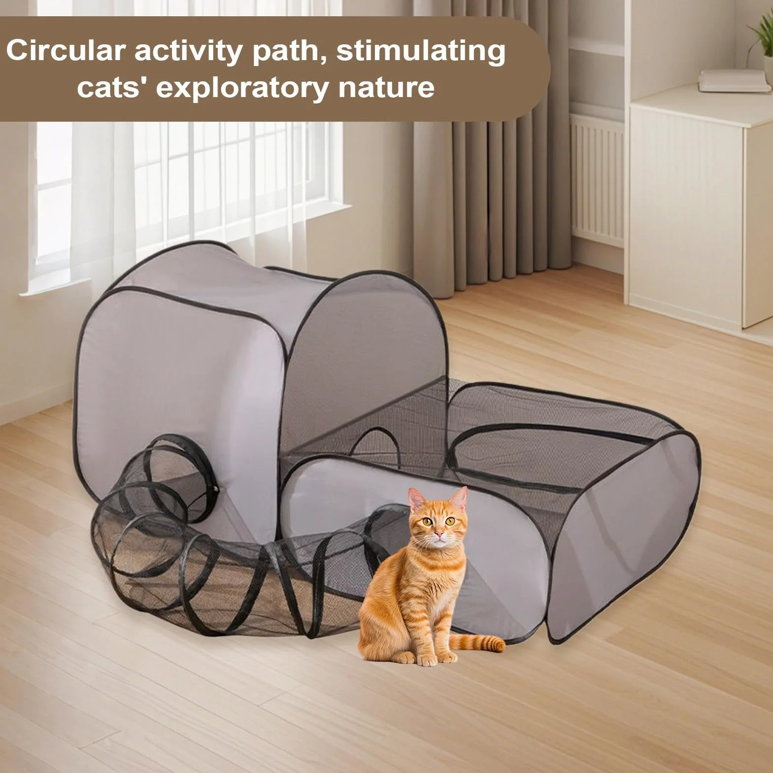 Parc Extérieur pour Chat avec Tunnel Circulaire et Clôture Pliable